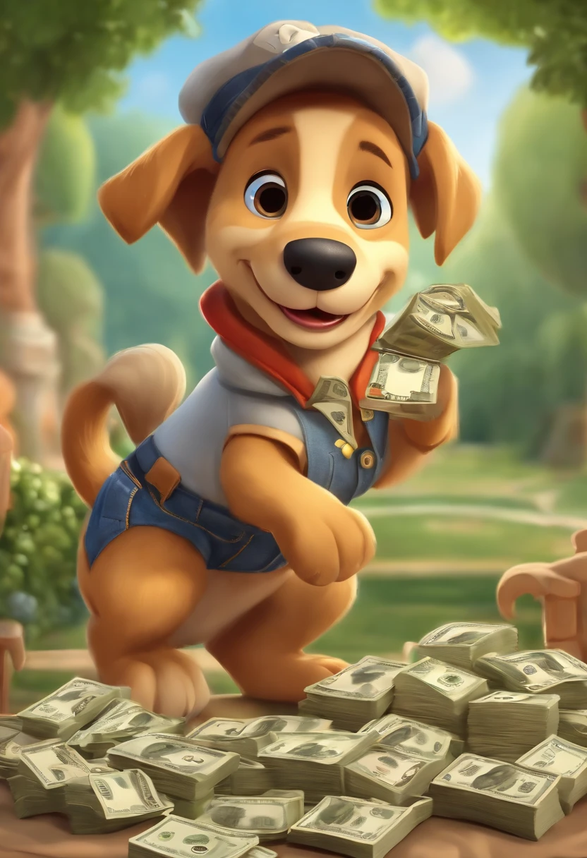 (((Cartoon Character 1.3))),(((Counting money, counting money))),(((A cute super cute puppy:1.4))),Wears a spotted vest on the top,Denim shorts on the bottom,Naughty expression,HD Real,Black eyes,Flying figure,HD picture,1/3. Leave blank,Sony SLR lens,Shoot at medium distance,Soft lighting,tmasterpiece
