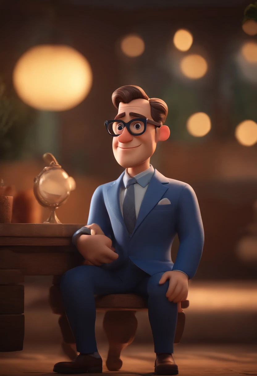 Cartoon character of a man wearing black glasses and a blue shirt, um personagem animado, Caractere estilizado, animation style rendering, 3D estilizado, Arnold Maya render, 3 d render stylized, toon render keyshot, Personagem 3D, Personagem 3D, 3d rendering stylized, 3 d character render, personagem de desenho animado, Personagem de close up, Pose de personagem, (Estilo Pixar) (master part:1.2) (Bokeh) (best quality) (pele detalhada) (textura detalhada) (8k) (argila) (Cinematic lighting) (foco nítido，Senta e vaza a parte superior do corpo