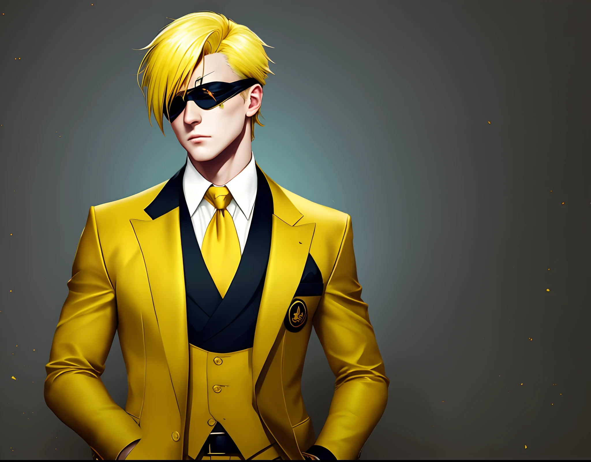 A man with a gold eye wearing an eye patch, a yellow suit, and with blonde hair with a stern but smug expression. Animated character, anime style, crime boss.