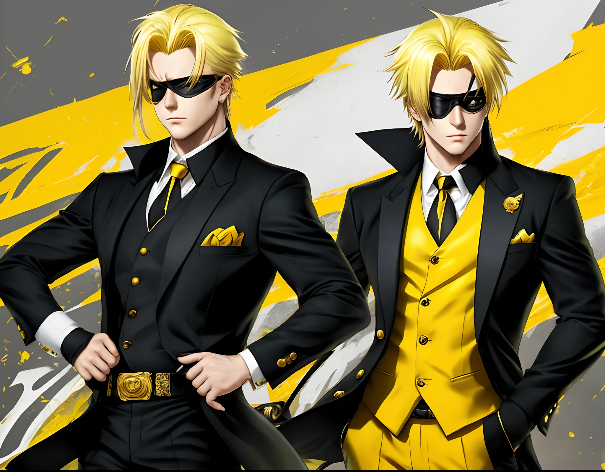 A man with a gold eye wearing an eye patch, a yellow suit, and with blonde hair with a stern but smug expression. Animated character, anime style, crime boss.