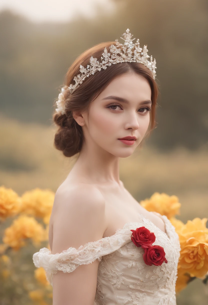 Miss World 1 Girl,(full body Esbian:1.4),Polycystic ovary,bare-legged,独奏,Hatflower,
Cinematic lighting,strong contrasts,Romantic realist style,high level of detail,(Fairytale scenes),Rose,Yellowflower,Red flower,Bird,unit,make up,gemstone,Head dress,Black lace skimpy dress,Bare shoulders,  style-swirlmagic