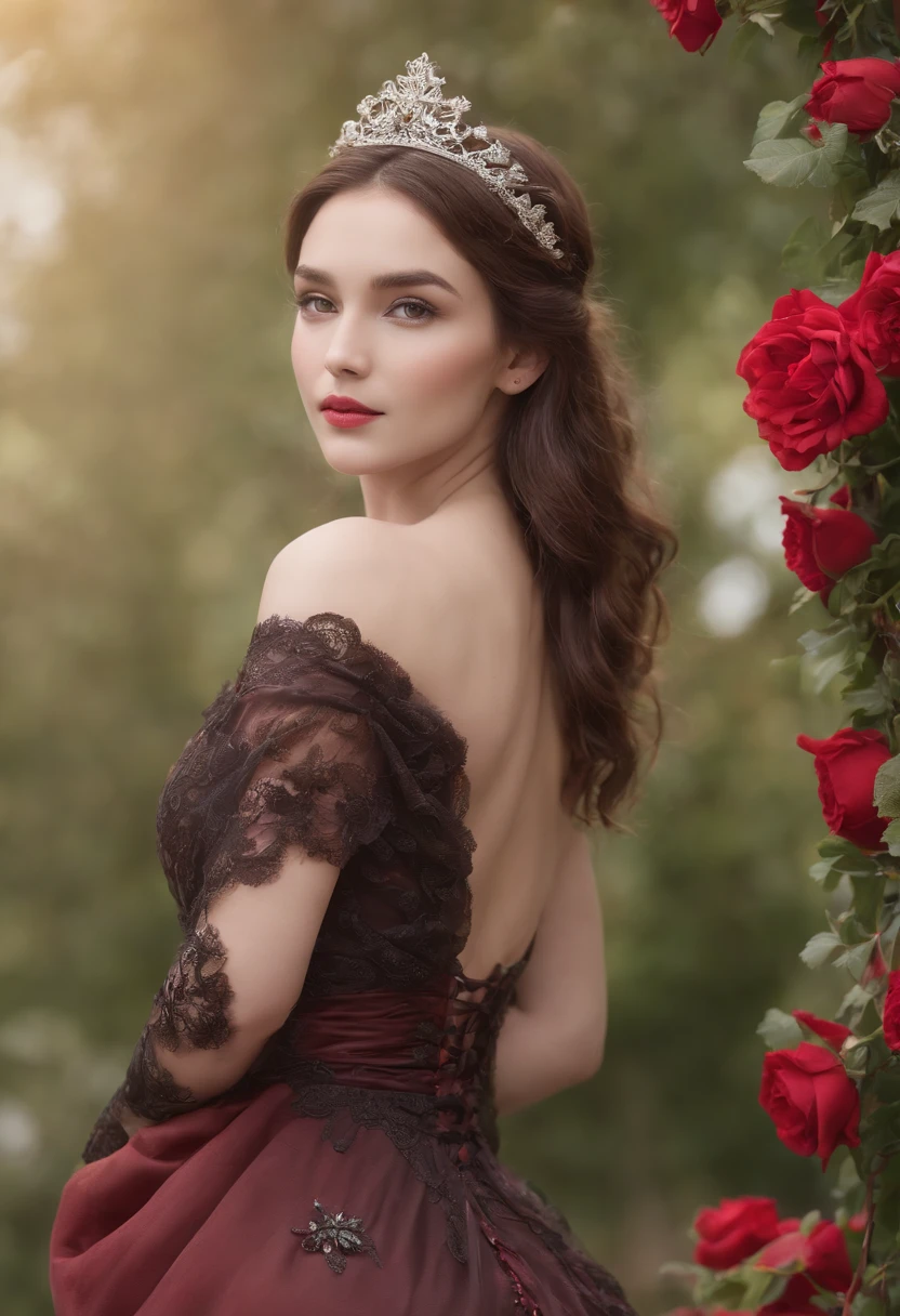 Miss World 1 Girl,(full body Esbian:1.4),Polycystic ovary,bare-legged,独奏,Hatflower,
Cinematic lighting,strong contrasts,Romantic realist style,high level of detail,(Fairytale scenes),Rose,Yellowflower,Red flower,Bird,unit,make up,gemstone,Head dress,Black lace skimpy dress,Bare shoulders,  style-swirlmagic