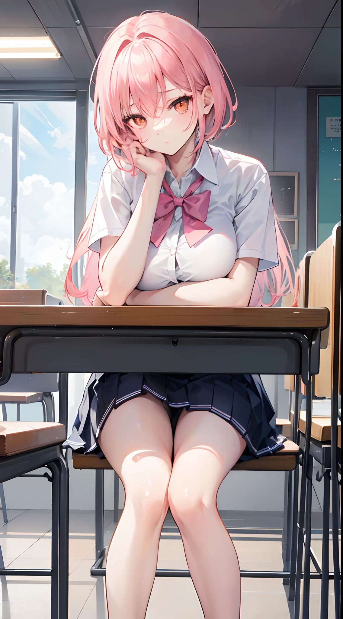 A short pink hair，orange eyes，Girls with slightly longer hair curtains on either side sat in chairs in the last row of the classroom，Table and chairs，The girl's hair curtain covers her eyes，expressiveless，Place your hands between your legs，Side diagram，Wear a light school uniform and skirt in white and blue，white stockings，close-up on legs，Long legs stretched out under the table，，Big Breasts Girl