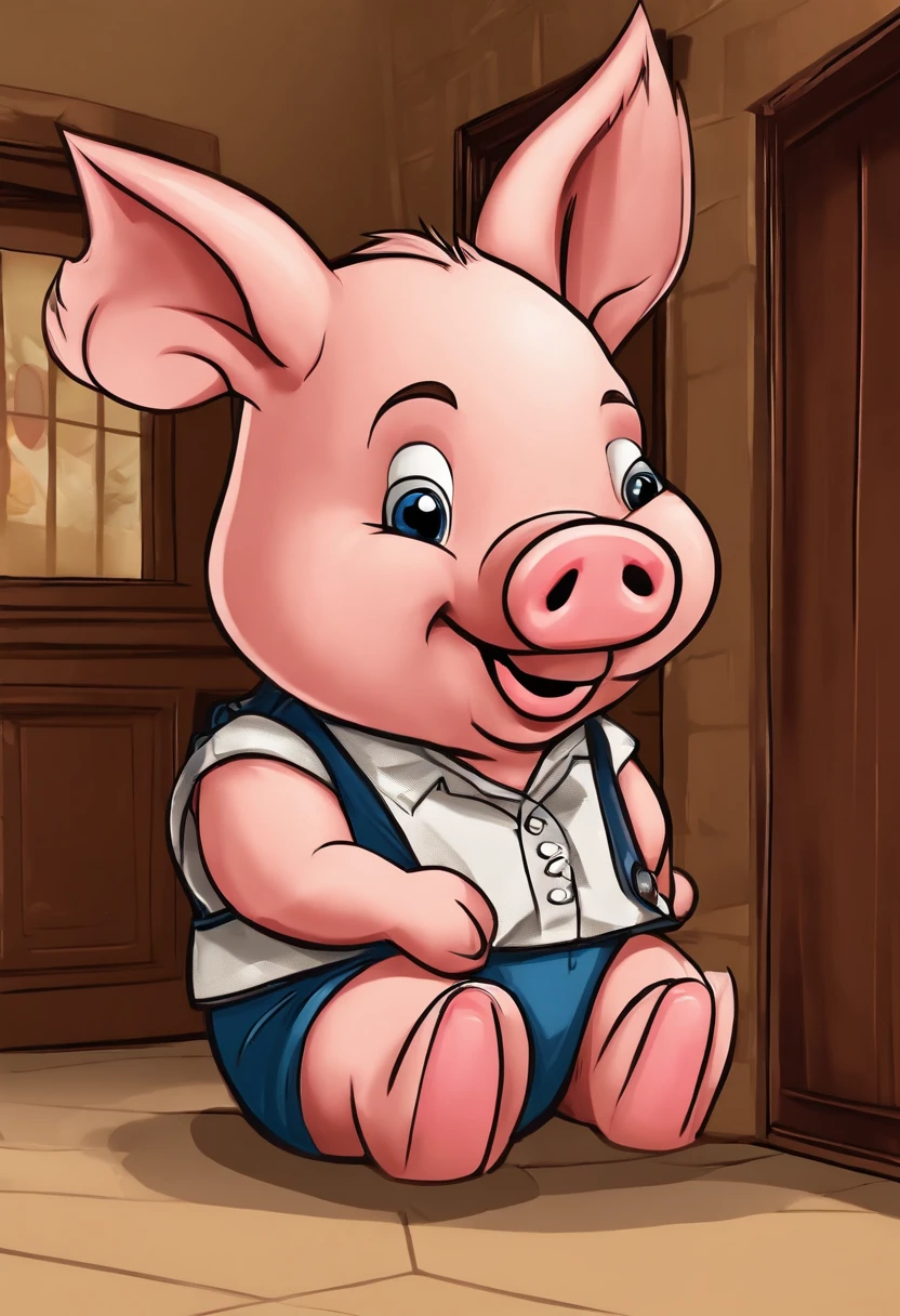 (((Cartoon Character 1.3))),(((Playing poker playing poker))),(((A cute little pig standing at the door of the casino at the door of the casino:1.4))),Wears a spotted vest on the top,Denim shorts on the bottom,Naughty expression,HD Real,Black eyes,Flying figure,HD picture,1/3. Leave blank,Sony SLR lens,Shoot at medium distance,Soft lighting,tmasterpiece