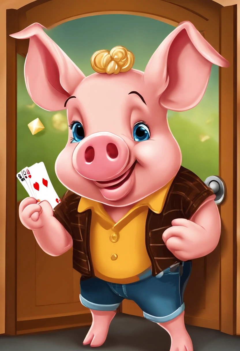 (((Cartoon Character 1.3))),(((Playing poker playing poker))),(((A cute little pig standing at the door of the casino at the door of the casino:1.4))),Wears a spotted vest on the top,Denim shorts on the bottom,Naughty expression,HD Real,Black eyes,Flying figure,HD picture,1/3. Leave blank,Sony SLR lens,Shoot at medium distance,Soft lighting,tmasterpiece