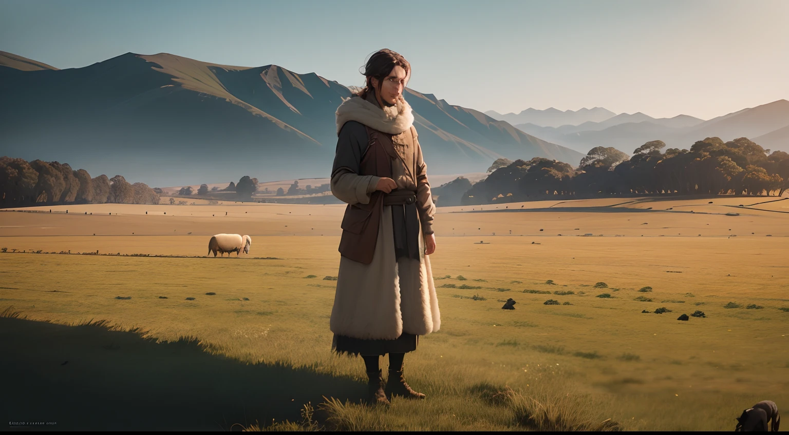 Describe a lonely shepherd in an open field, observando seu rebanho com um olhar quieto e preocupado. Detalhe sua postura, facial expression and what's going through your mind as you face unexpected challenges related to your sheep