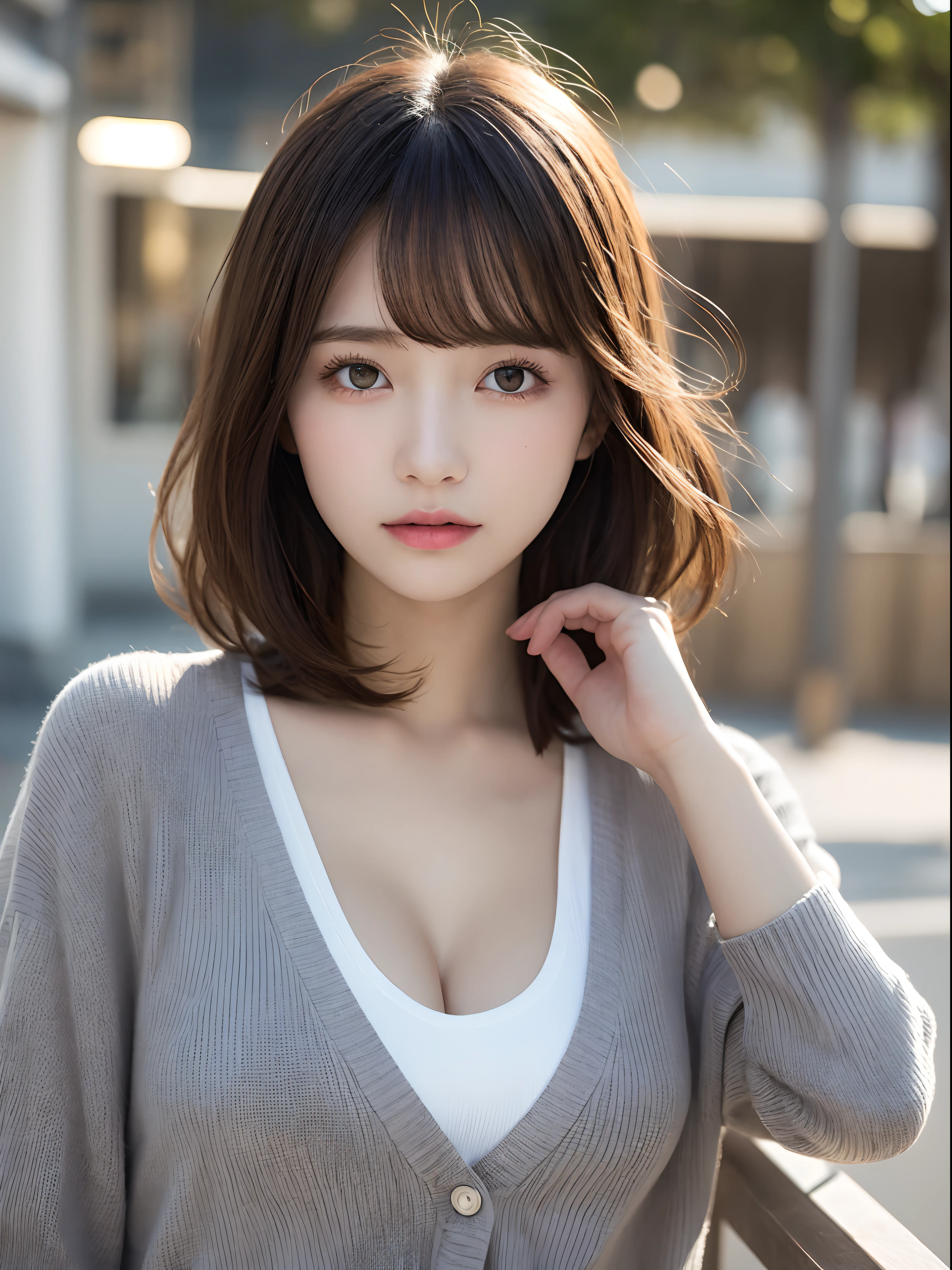 Beautiful Japan adult woman、((best qualtiy, 8K, tmasterpiece:1.3))、((realisitic:1.5))、((sense of reality:1.5))、Perfect litthing、Perfect figure beautiful woman:1.4、((Layered Hair Style、ample breasts:1.3))、(Long Shirt Beige:1.2)、(Street:1.2)、Highly detailed facial and skin texture、glowy skin、A detailed eye、二重まぶた、(The front of the shirt is open:1.1)、(breast cleavage exposed:1.1)、(small areolas、Small beautiful nipples:1.3)、see the beholder、