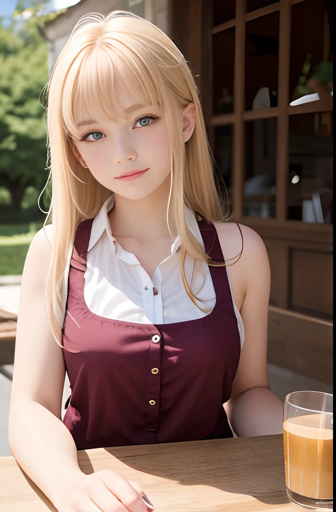 A girl,16 year old,european countryside,blonde,bangs bangs,pretty face,thick muscular arms,sleeveless waitress