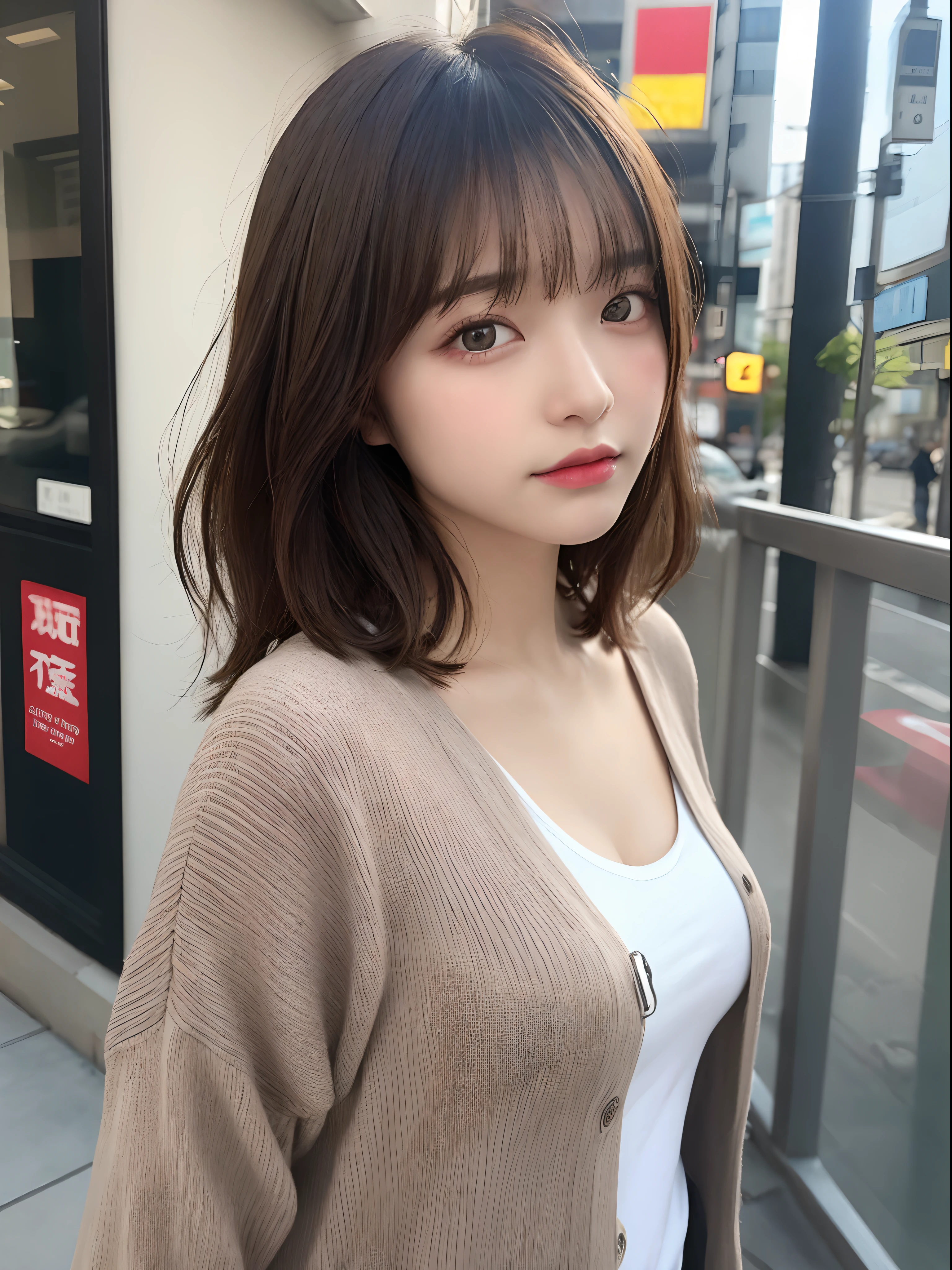 Detailed details,、hight resolution、hightquality、Perfect dynamic composition、Beautiful detailed eyes、short-hair、Small breasts、Natural Color Lip、Kamimei、Shibuya、20 years girl、1 persons、Transparent skin、Glowing hair、masutepiece、Best Quality、finely detail、hight resolution、8K、The correct state of the human body、randome pose、Gravure Model Pose、Onepiece、Cardigan、TThe shirt、Hair soaring in the wind、