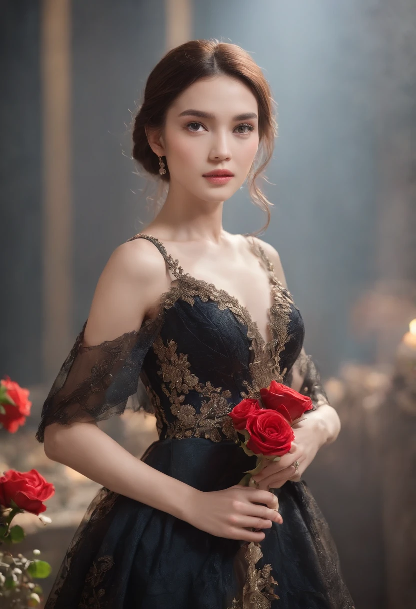 Miss World 1 Girl,(full body Esbian:1.4),Polycystic ovary,bare-legged,独奏,Hatflower,
Cinematic lighting,strong contrasts,Romantic realist style,high level of detail,(Fairytale scenes),Rose,Yellowflower,Red flower,Bird,unit,make up,gemstone,Head dress,Revealing black lace dress,Bare shoulders, style-swirlmagic