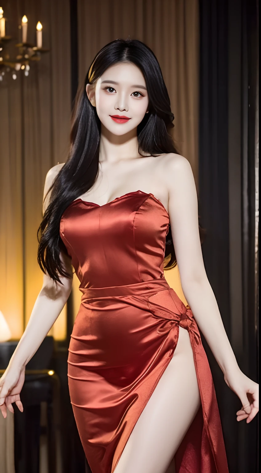 hyper HD,tmasterpiece,Highest high resolution,highest details,lightand shade contrast,A young and beautiful woman,Black hair,beautiful pupil,long eyelasher,Shoot from the perspective of the human eye,Dressed in a bright red evening dress,red long skirt,Standing in the banquet hall,Blurred background
