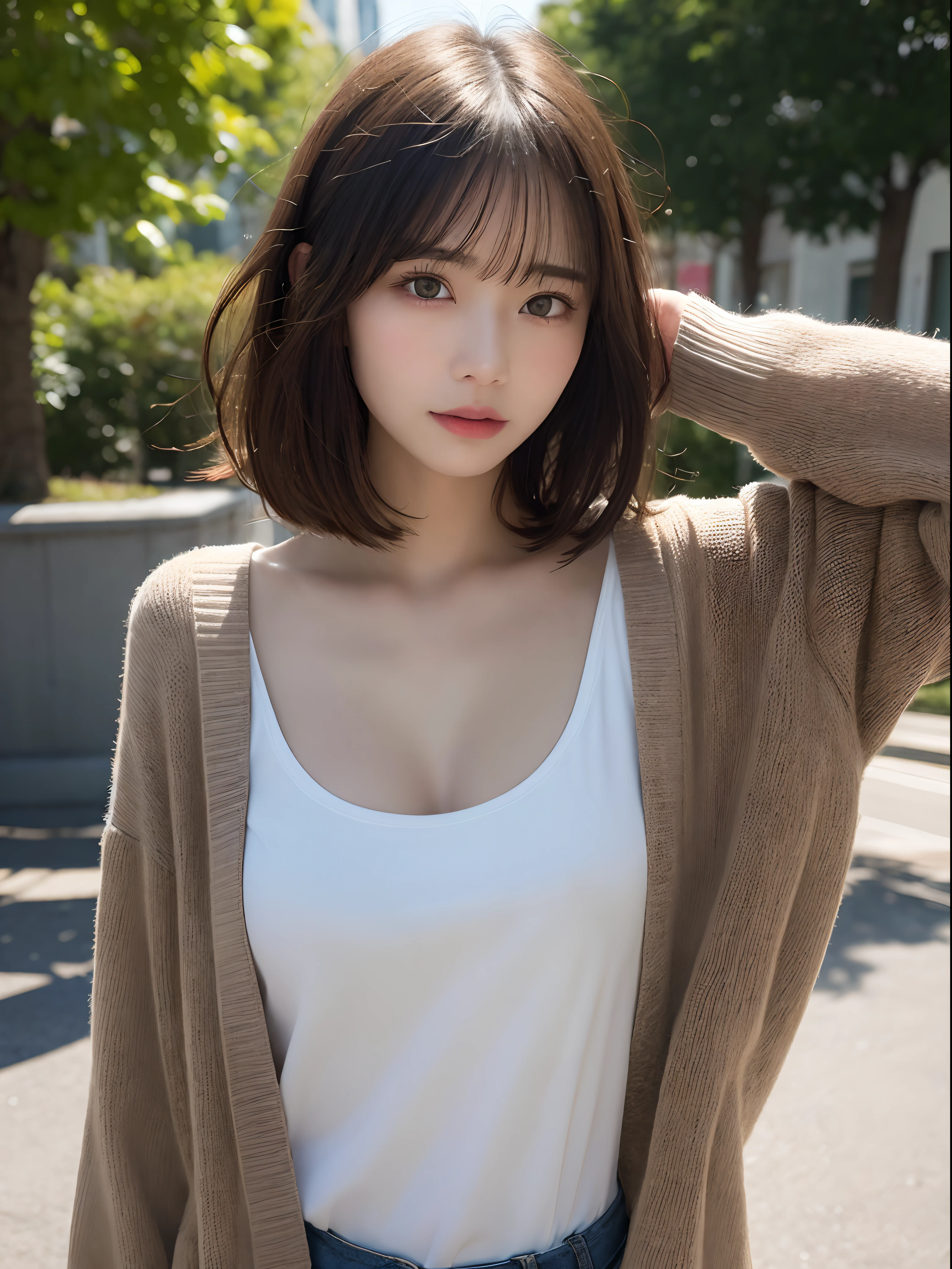 Detailed details,、hight resolution、hightquality、Perfect dynamic composition、Beautiful detailed eyes、short-hair、Small breasts、Natural Color Lip、Kamimei、Shibuya、20 years girl、1 persons、Transparent skin、Glowing hair、masutepiece、Best Quality、finely detail、hight resolution、8K、The correct state of the human body、randome pose、Gravure Model Pose、Onepiece、Cardigan、TThe shirt、Hair soaring in the wind、