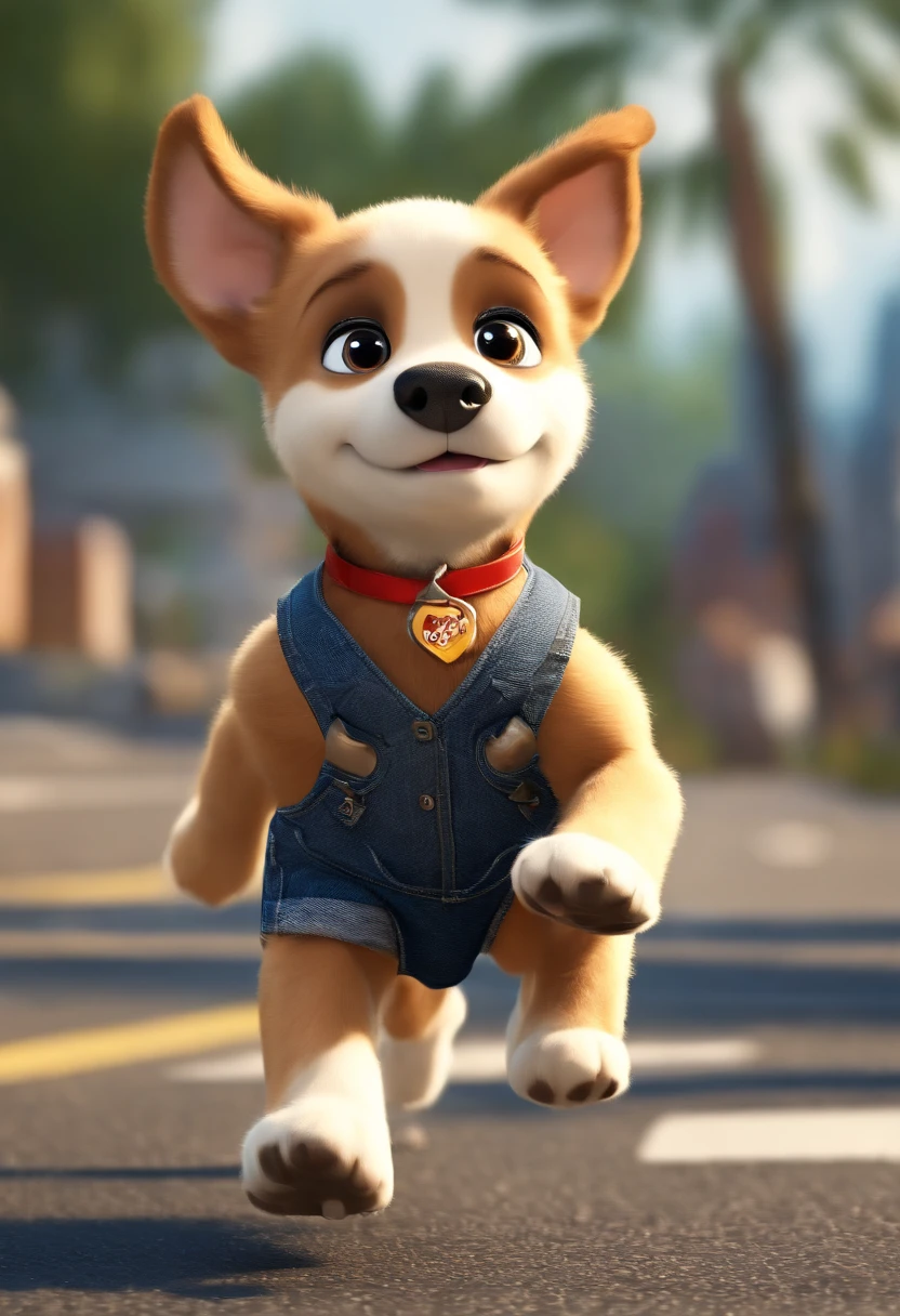 (((Cartoon Character 1.3))),,(((A cute super cute puppy running on the road:1.4))),Wears a spotted vest on the top,Denim shorts on the bottom,Naughty expression,HD Real,Black eyes,Flying figure,HD picture,1/3. Leave blank,Sony SLR lens,Shoot at medium distance,Soft lighting,tmasterpiece