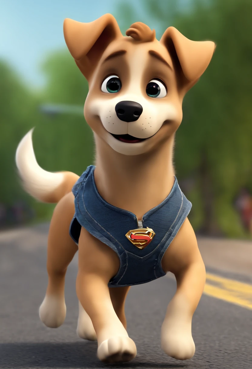 (((Cartoon Character 1.3))),,(((A cute super cute puppy running on the road:1.4))),Wears a spotted vest on the top,Denim shorts on the bottom,Naughty expression,HD Real,Black eyes,Flying figure,HD picture,1/3. Leave blank,Sony SLR lens,Shoot at medium distance,Soft lighting,tmasterpiece