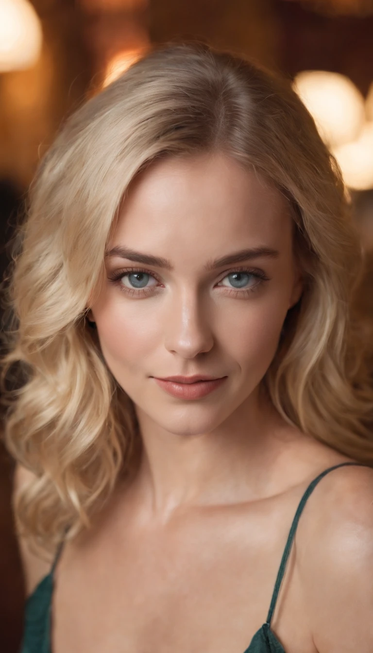Une belle femme blonde aux cheveux bouclés, yeux bleus, une peau bronzée, dans les vêtements d’été, dans un bar, corps entier, léger sourire, flirte avec la camera