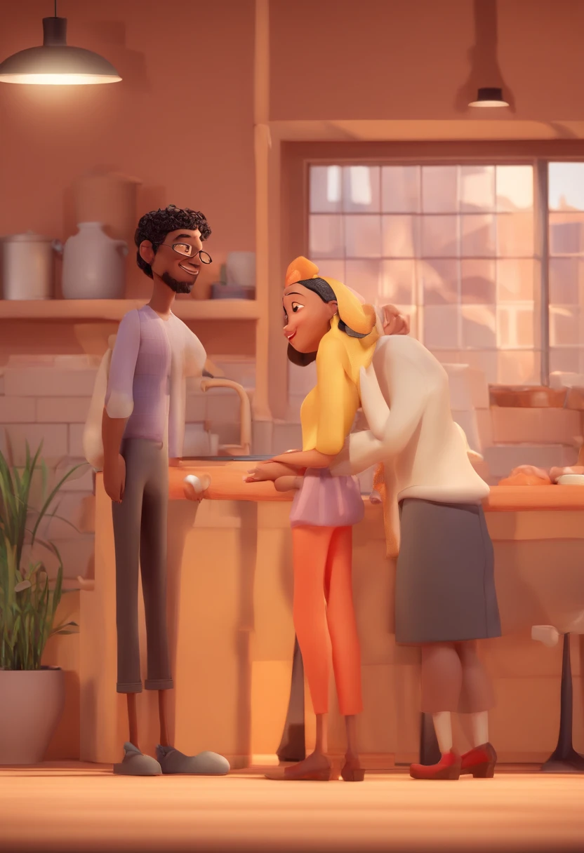 An illustration of an adorable couple, destacando um homem e uma mulher com bonito, Expressive eyes – the man's skin is black and the man's hair is bald and black, while the woman's skin is black and the woman's hair is curly and brown. They are a bright room, cada um com um sorriso no rosto, e compartilhar um momento especial caracterizado pelo amor, arroz, e insights educacionais. Illustrate this scene from a perspective where they are facing away from the camera, Showing Your Connection. Desenvolva esta arte em Full HD, Focus on your cinematic touch, Estilo Disney Pixar Animations
