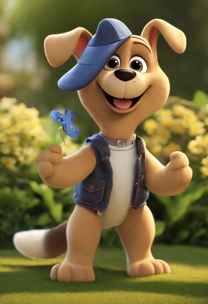 (((Cartoon Character 1.3))),(((Being standing up))),(((A cute super cute puppy:1.4))),Wears a spotted vest on the top,Denim shorts on the bottom,Naughty expression,HD Real,Black eyes,Flying figure,HD picture,1/3. Leave blank,Sony SLR lens,Shoot at medium distance,Soft lighting,tmasterpiece
