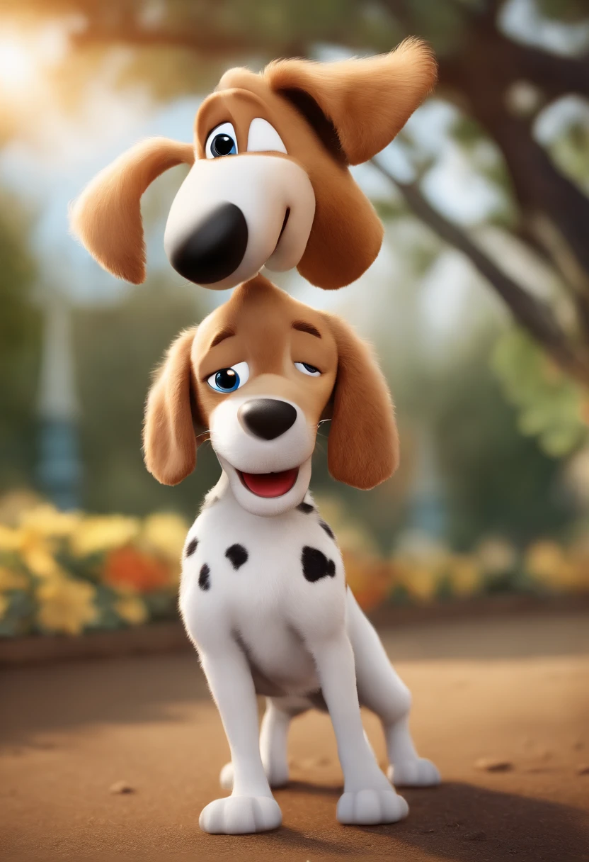 (((Cartoon Character 1.3)))，(((Being standing up)))，(((A cute super cute puppy：1.4)))，Wears a spotted vest on the top，Denim shorts on the bottom，Naughty expression，HD Real，Black eyes，Flying figure，HD picture，1/3. Leave blank，Sony SLR lens，Shoot at medium distance，Soft lighting，tmasterpiece