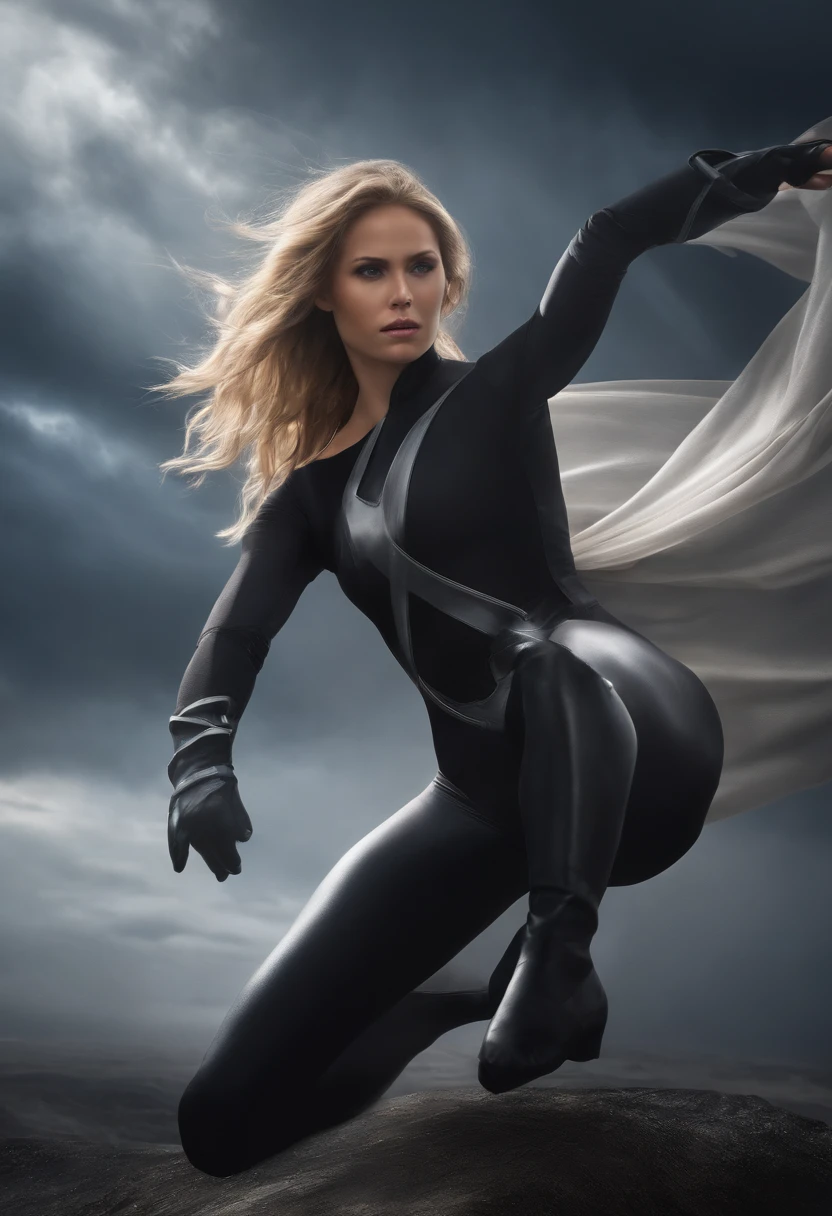 masterpiece, best quality, agrias, grey sweater, black leotard, twirl, spin, blonde hair, superhero, boots, tornado, whirlwind, solo, bare legs, whirl, wind effects, spinning into a tornado, fast spin, stand, time travel, travelling through time, highleg, perfect hands, perfect fingers, highleg leotard, powering up, tornado swirls