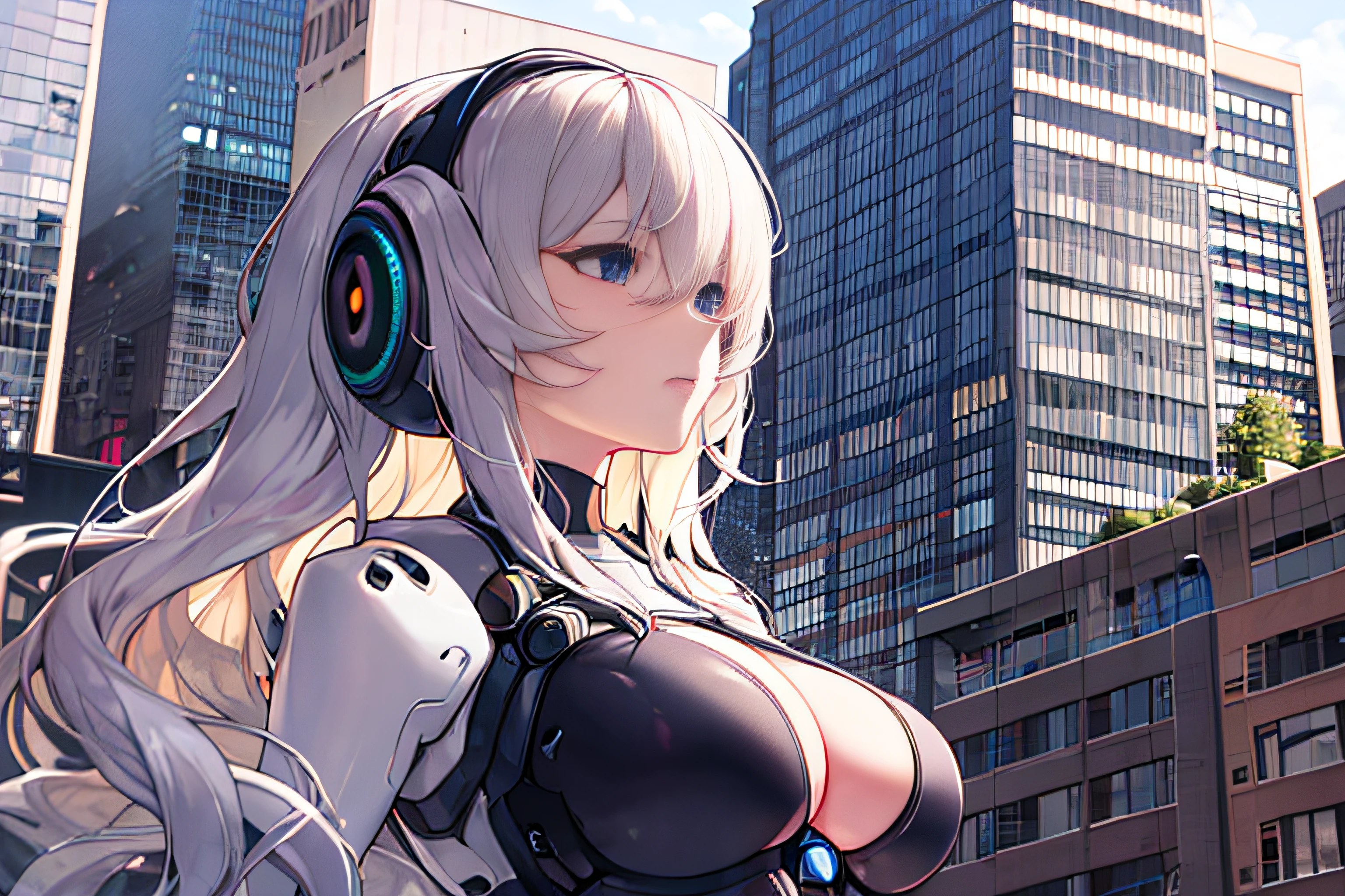 Platinum blonde woman robotic destroyed city Super realistic well detailed