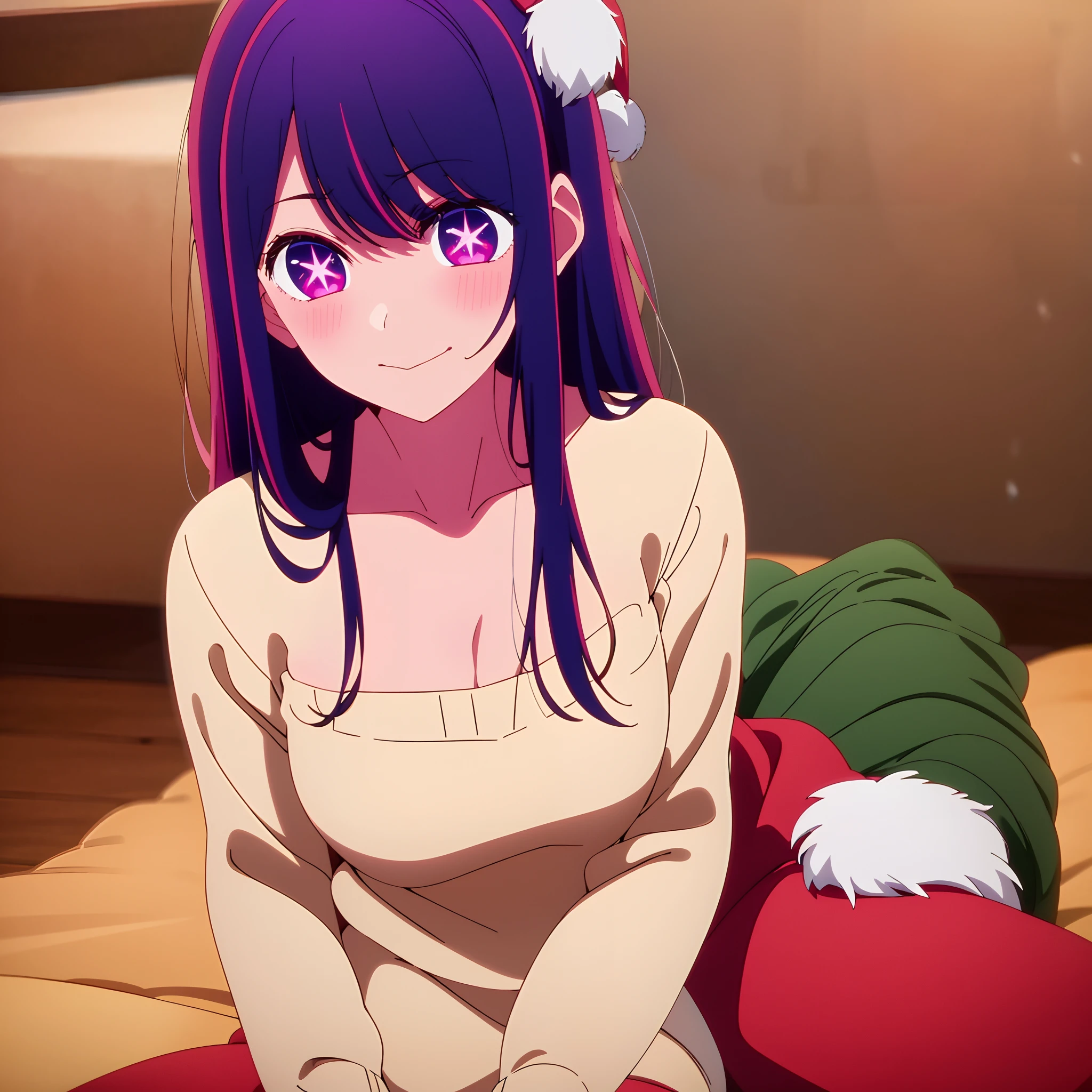 christmas styled, best quality,highly detailed,1girl solo,direct eye contact,soft lighting,anime styled,2D,santa hat,cute,christmas theme,christmas decorations,christmas tree with lights, cleavage, stomach Anime girl with long hair and purple eyes, Anime Girl、A slight smile、Ai Hoshino, highres,christmas theme,vibrant colors,cozy atmosphere,lit lights,Cozy cabin, snow falling, eerily glowing eyes, sitting on floor, christmas presents ,sweater, cute, 1girl, solo, santa outfit