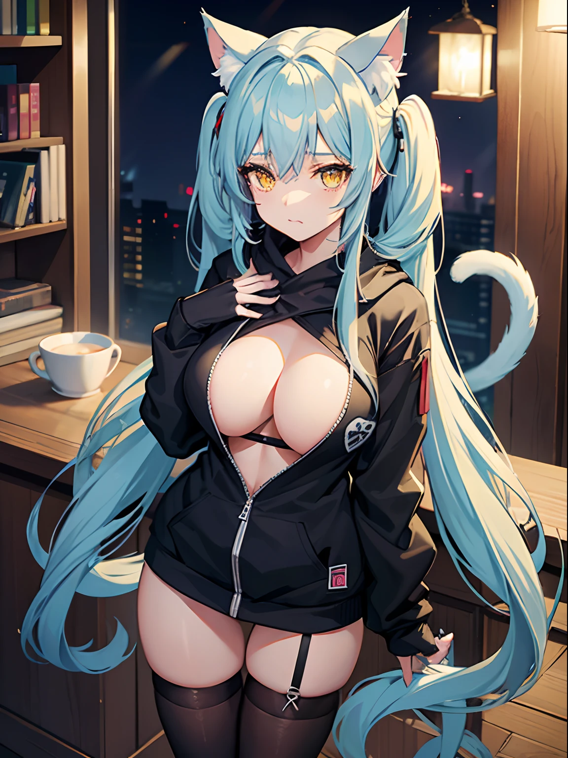 Long Hair, Twintail, Light Blue Hair, Yellow Eyes, Heart pupils, Cat Ears, Cat Tail, Big Boobs, Wearing Hoodie, Long Stocking, Nighttime, Wearing Black Gloves, Inside a house, biting lips