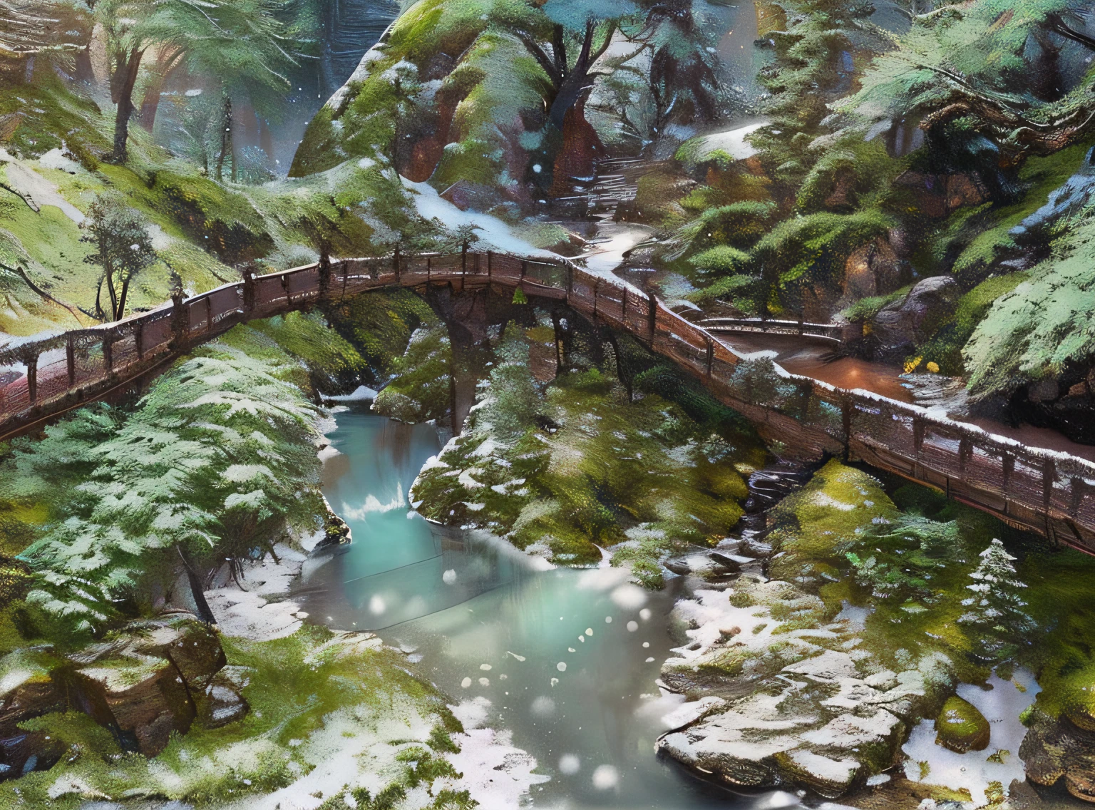 Nature scenary, (fantasy style), iron walk,((winter)), masterpiece, ambience, dnd, waterfall, rocks, vegetation