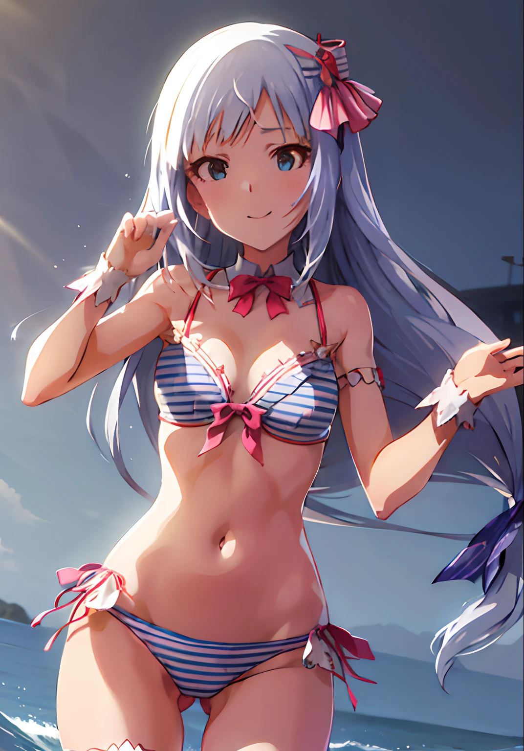 tsumugi shiraishi (million live), very long hair, low-tied long hair, (best quality, 8K, masterpiece, ultra detailed:1.2),hair ribbon,side-tie bikini bottom, front-tie bikini top, striped, day, dappled sunlight, seaside, cowboy shot, standing,cinametic angle,floating hair, wind, light smile, cute, sexy, innocent