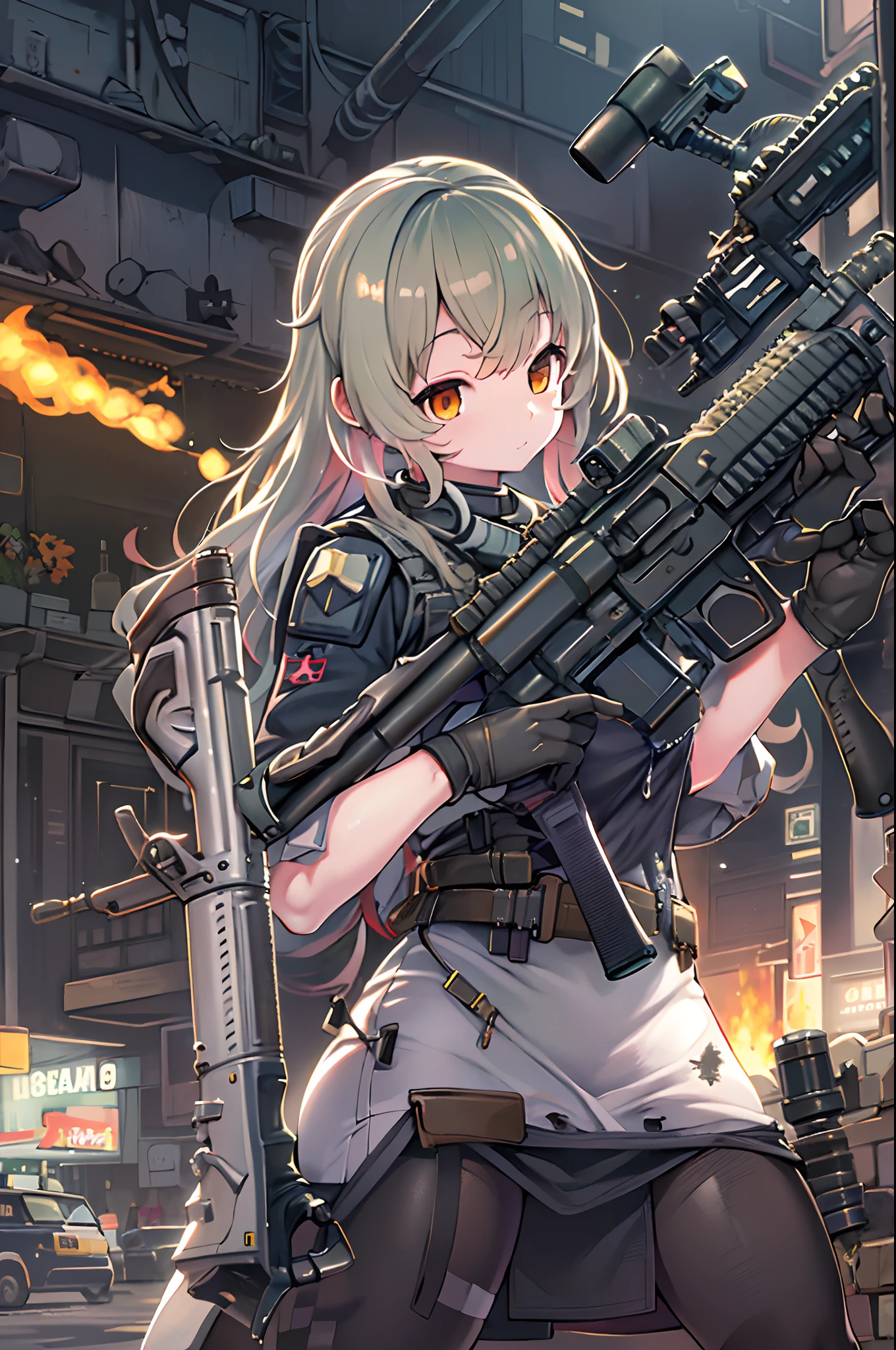 Woman in long dress with gun and machine gun, anime machine gun fire, Mechanized soldier girl, best anime 4k konachan wallpaper, female action anime girl, girls frontline style, badass anime 8 K, M4 Sopmod II Girls Frontline, from girls frontline, Fine details. girls' frontline, 4k anime wallpaper, girls frontline cg