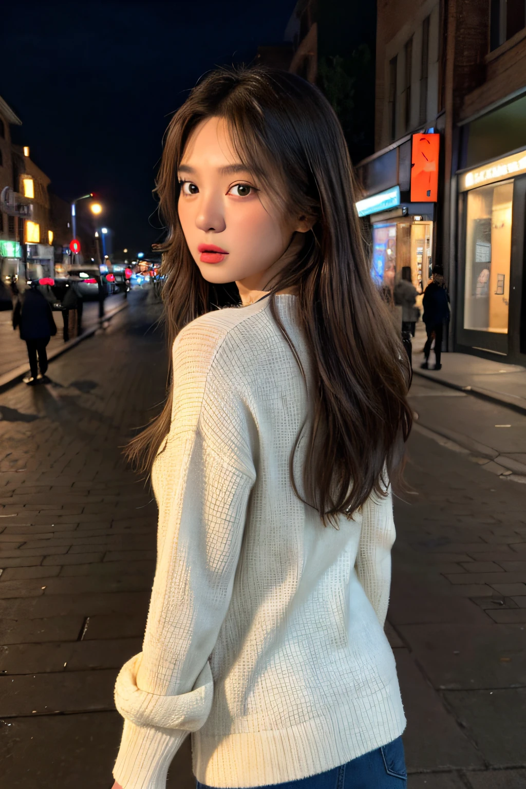 Fujifilm XT3, 8K,close up photograph, Masterpiece, Best quality, (((1girll))), Solo,Realistic, ((view the viewer)), Photorealistic, (Extremely detailed face), view the viewer, ((Ultra-delicate eyes and pupils)), Ultra detailed, Serious expression, ((City streets at night)), Sweaters, Long sleeves, (arms back behind),