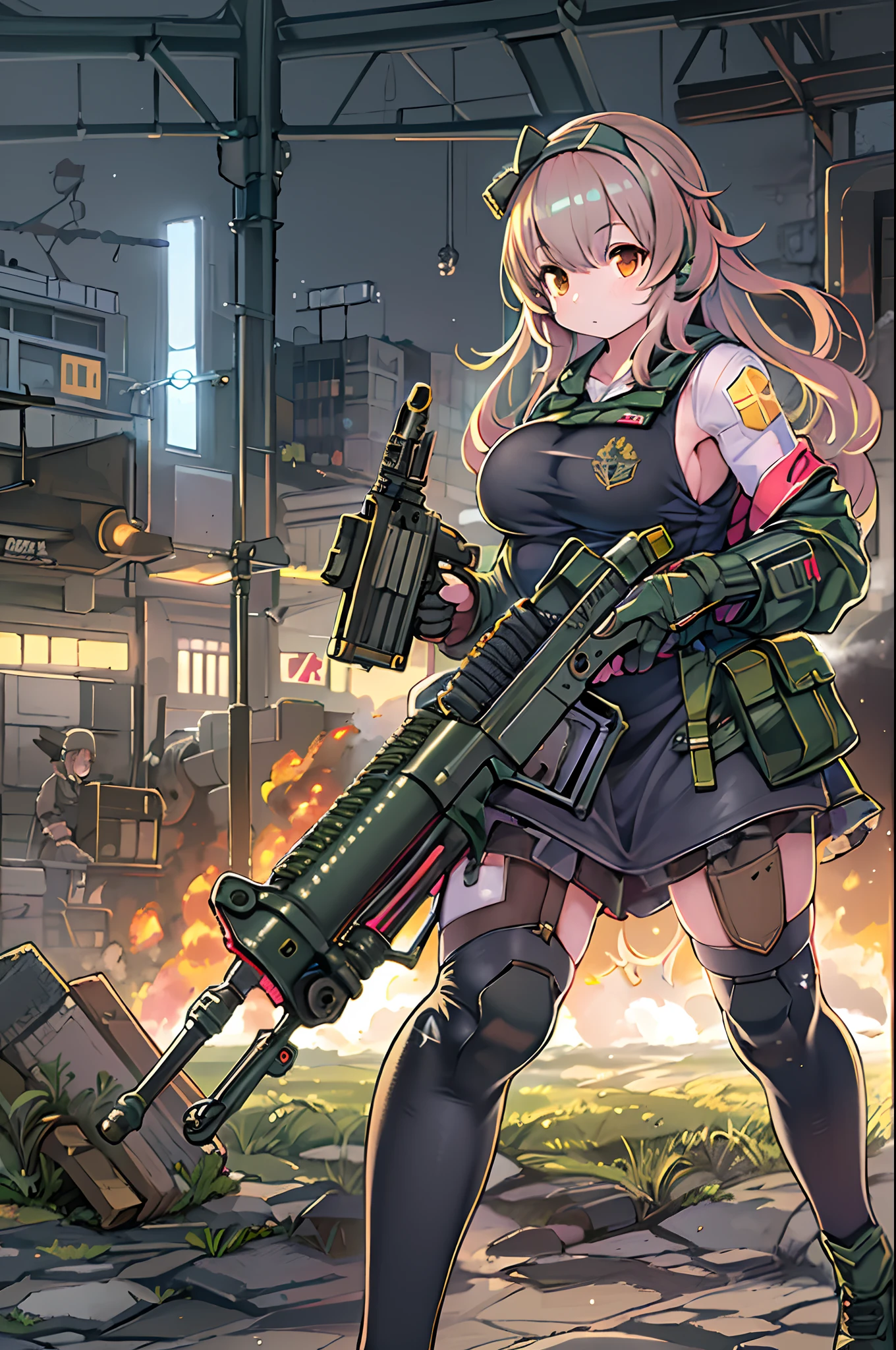 Woman in long dress with gun and machine gun, anime machine gun fire, Mechanized soldier girl, best anime 4k konachan wallpaper, female action anime girl, girls frontline style, badass anime 8 K, M4 Sopmod II Girls Frontline, from girls frontline, Fine details. girls' frontline, 4k anime wallpaper, girls frontline cg
