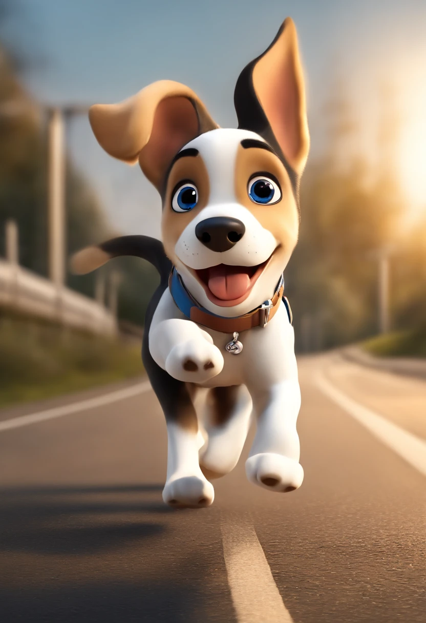 (((Cartoon Character 1.3))),,(((A cute super cute puppy running on the road:1.4))),Wears a spotted vest on the top,Denim shorts on the bottom,Naughty expression,HD Real,Black eyes,Flying figure,HD picture,1/3. Leave blank,Canon SLR lenses,Shoot at medium distance,Soft lighting,tmasterpiece