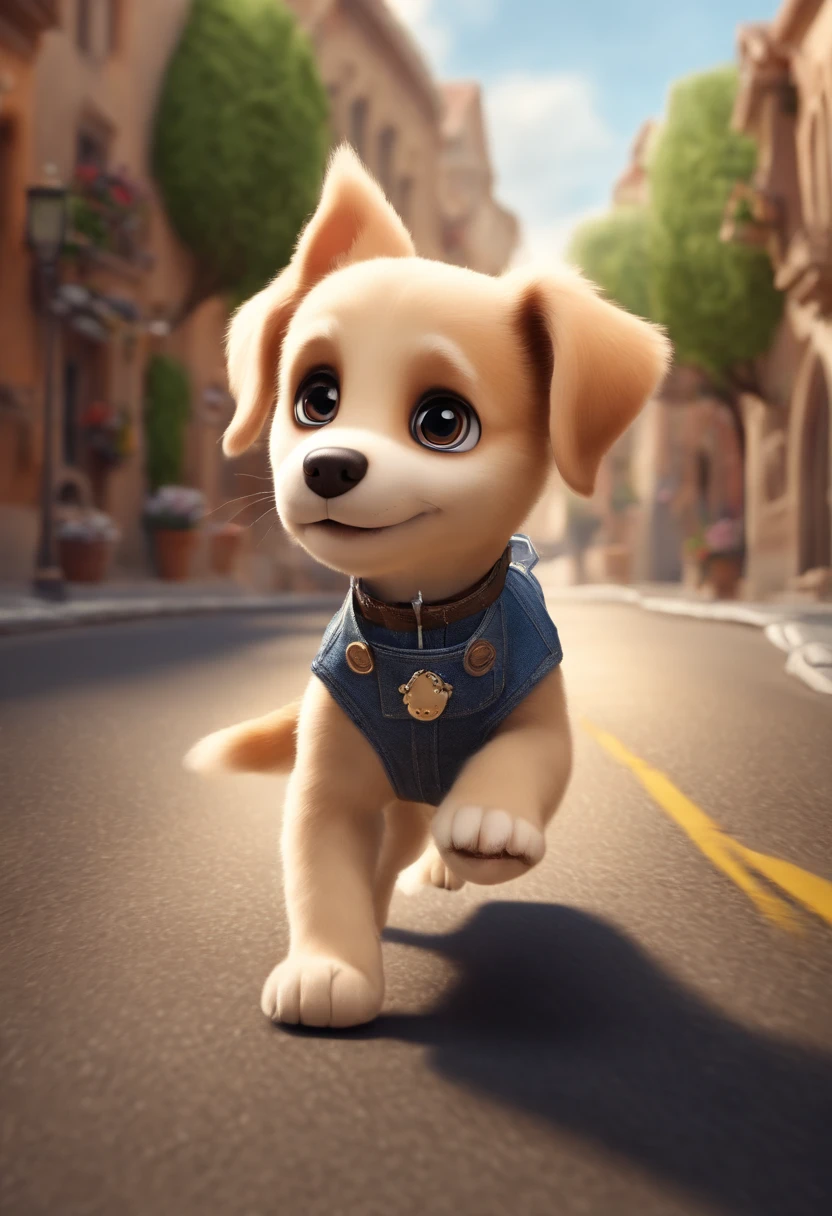 (((Cartoon Character 1.3)))，，(((A cute super cute puppy running on the road：1.4)))，Wears a spotted vest on the top，Denim shorts on the bottom，Naughty expression，HD Real，Black eyes，Flying figure，HD picture，1/3. Leave blank，Canon SLR lenses，Shoot at medium distance，Soft lighting，tmasterpiece