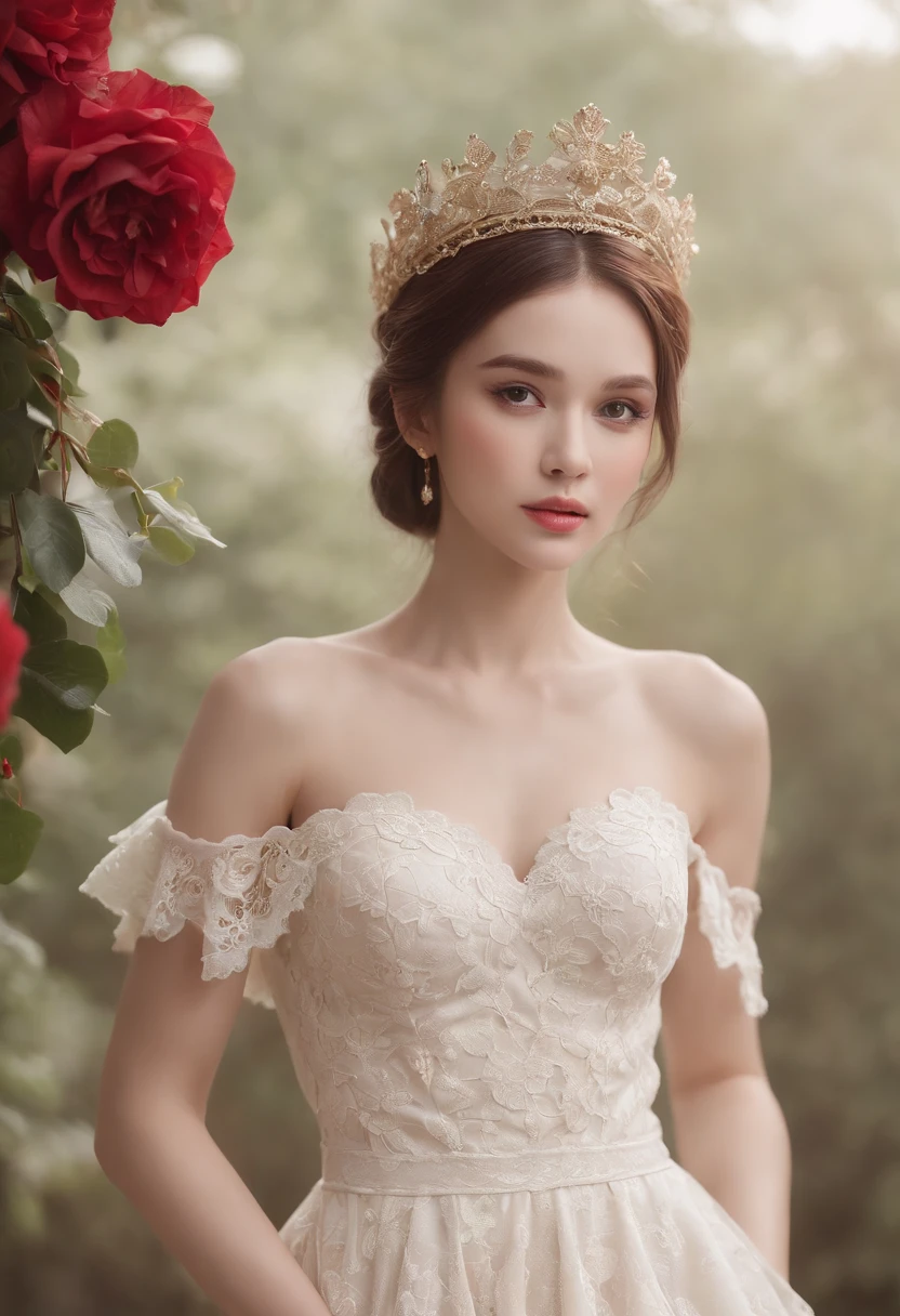 Miss World 1 Girl,(full body Esbian:1.4),Polycystic ovary,bare-legged,独奏,(:1.2)Hatflower,
Cinematic lighting,strong contrasts,Romantic realist style,high level of detail,(Fairytale scenes),Rose,Yellowflower,Red flower,Bird,unit,make up,gemstone,Head dress,Revealing black lace dress,Bare shoulders,  style-swirlmagic