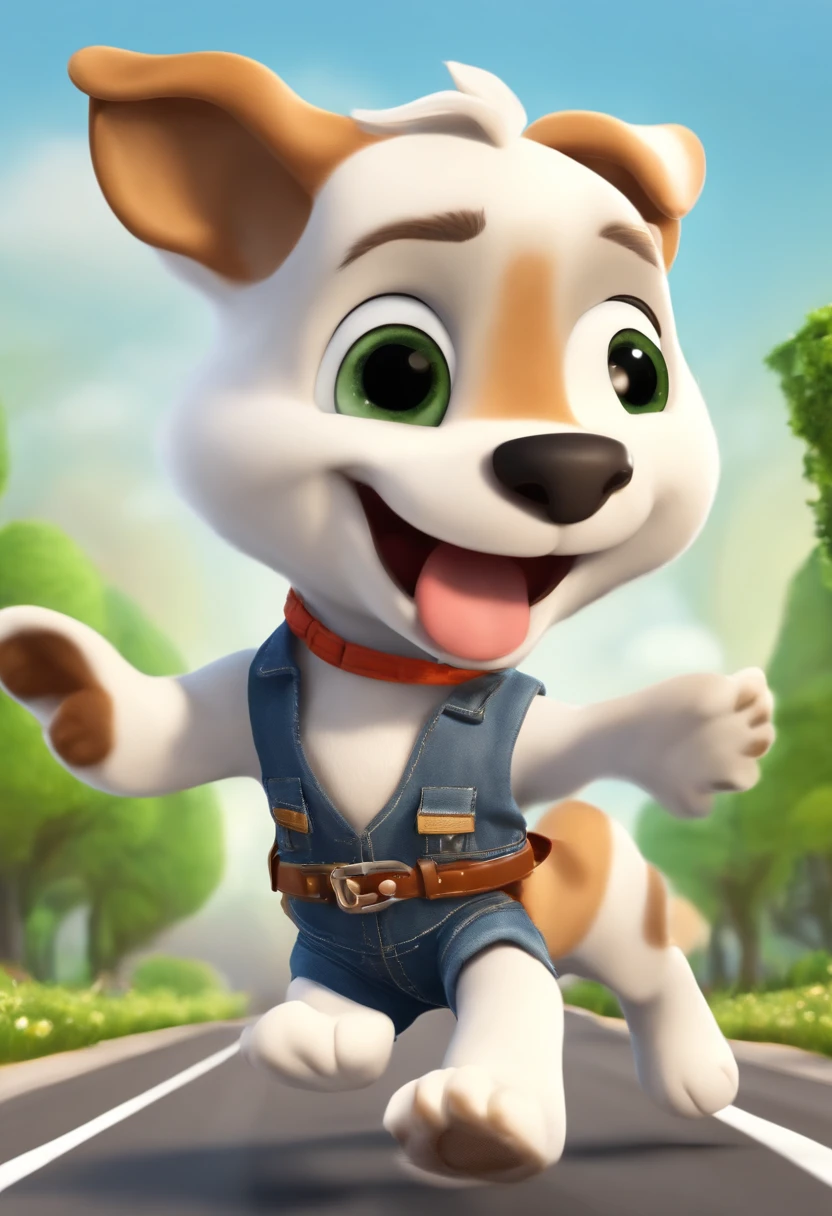 (((Cartoon Character 1.3)))，，(((A cute super cute puppy running on the road：1.4)))，Wears a spotted vest on the top，Denim shorts on the bottom，Naughty expression，HD Real，Black eyes，Flying figure，HD picture，1/3. Leave blank，Nikon SLR lenses，Shoot at medium distance，Soft lighting，tmasterpiece