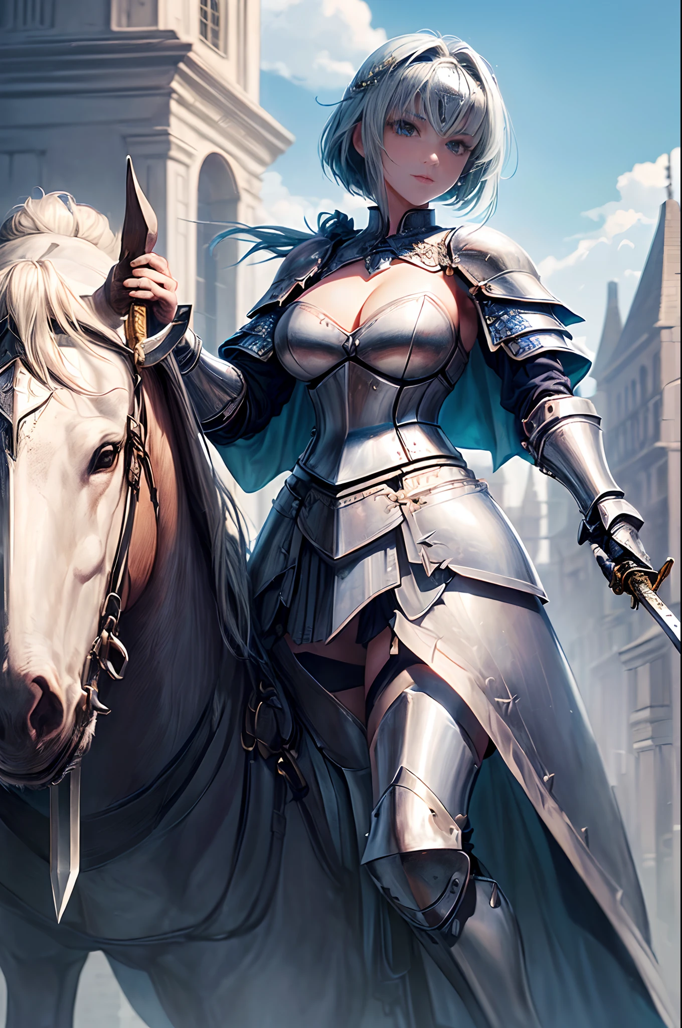 (top-quality、in 8K、32K、​masterpiece、nffsw、超A high resolution、Impresionismo、Photorealsitic:1.2)、独奏、small tit、cowboy  shot、(In one hand he holds an exquisite knight's sword:1.5)、Detailed Knight's Sword、 detailed faces and eyes、 Beautiful and fantastic cityscape、Beautiful steppe、Beautiful river、beauitful face、beautiful girl of 20 years old、Shiny light blue hair、short-hair、a short bob、Her eyes are emerald green、(She wears knight's armor:1.3)、(Attaching a knight's circlet to the head:1.4)、shinny skin、(In his left hand he holds a knight's shield:1.5)、(In his right hand he holds a knight's sword:1.5)、Luxurious cloak、Blunt bangs、Flag of the Knights、(She is riding a white warhorse:1.4)、Knight's Armor Boots、(I can see her cleavage:1.3)、(I see the legs:1.4)、Legion Flag