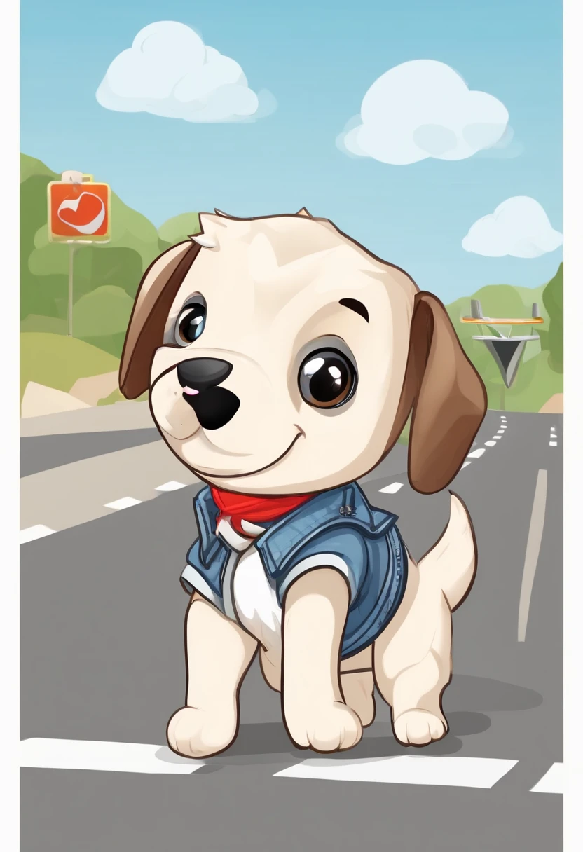 (((Cartoon Character 1.3))),,(((A cute super cute puppy running on the road:1.4))),Wears a spotted vest on the top,Denim shorts on the bottom,Naughty expression,HD Real,Black eyes,Flying figure,HD picture,1/3. Leave blank,Sony SLR lens,Shoot at medium distance,电影灯光,tmasterpiece
