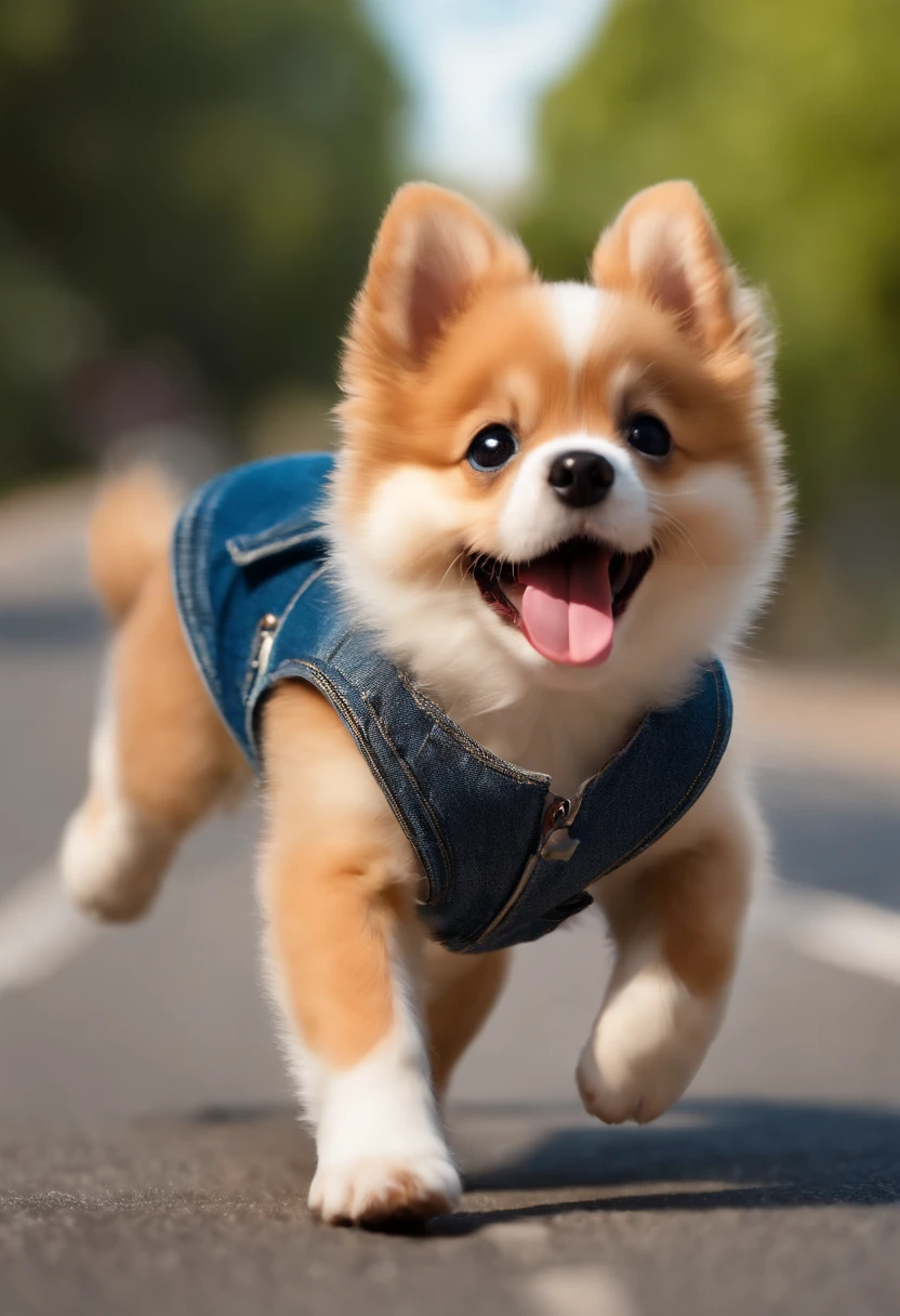 (((Cartoon Character 1.3))),,(((A cute super cute puppy running on the road:1.4))),Wears a spotted vest on the top,Denim shorts on the bottom,Naughty expression,HD Real,Black eyes,Flying figure,HD picture,1/3. Leave blank,Sony SLR lens,Shoot at medium distance,电影灯光,tmasterpiece