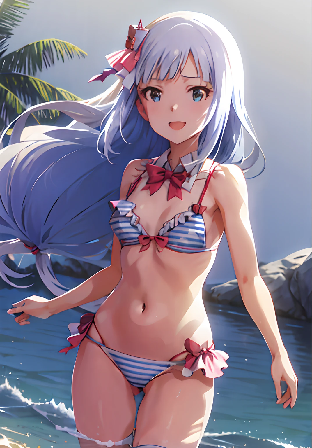 tsumugi shiraishi (million live), very long hair, low-tied long hair, (best quality, 8K, masterpiece, ultra detailed:1.2),hair ribbon,side-tie bikini bottom, front-tie bikini top, striped, day, dappled sunlight, seaside, cowboy shot, standing,cinametic angle,floating hair, wind, light smile, cute, sexy, innocent