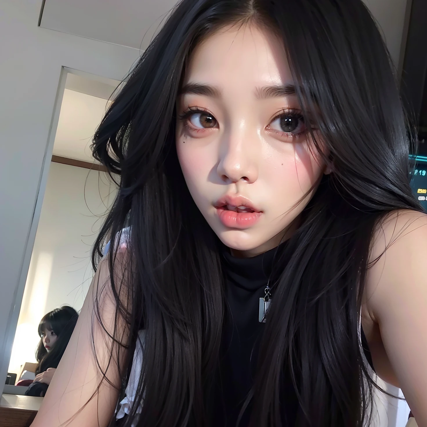 there is a woman with long black hair posing for a picture, cruel korean goth girl, Ulzzang, ****** coreana, Ela tem cabelo preto com franja, jennie blackpink, young cute wan asian face, preto hime corte cabelo, Asian girl, Asian face, wan adorable korean face, Mulher sul-coreana bonita, Jisoo do Blackpink, Heonhwa Choe