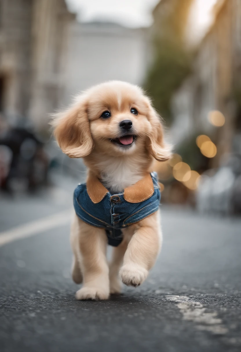 (((Cartoon Character 1.5)),,(((A cute super cute puppy running on the road:1.4))),Wears a spotted vest on the top,Denim shorts on the bottom,Naughty expression,HD Real,Black eyes,Flying figure,HD picture,1/3. Leave blank,Sony SLR lens,Shoot at medium distance,电影灯光,tmasterpiece