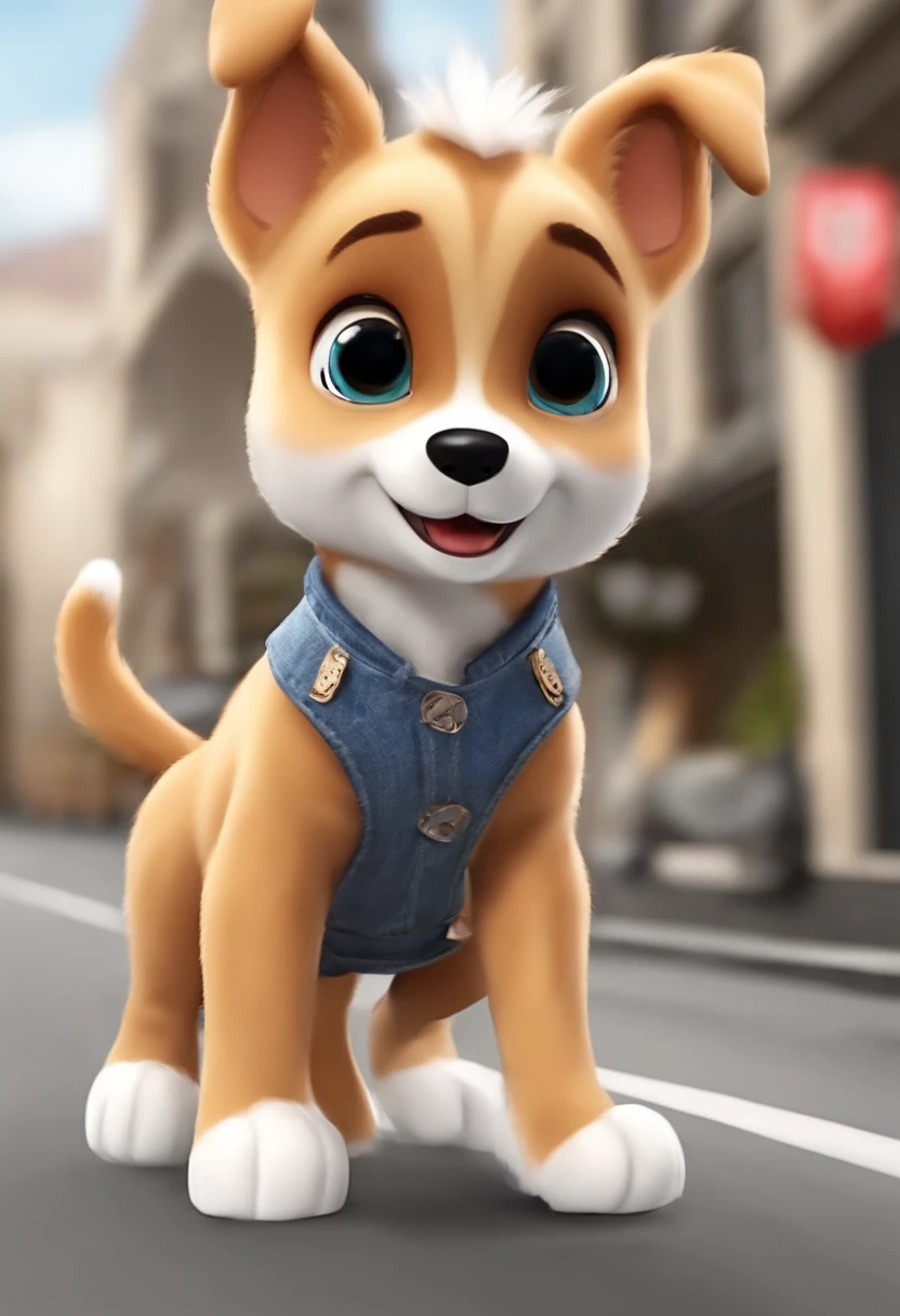 (((Cartoon Character 1.5)),,(((A cute super cute puppy running on the road:1.4))),Wears a spotted vest on the top,Denim shorts on the bottom,Naughty expression,HD Real,Black eyes,Flying figure,HD picture,1/3. Leave blank,Sony SLR lens,Shoot at medium distance,电影灯光,tmasterpiece