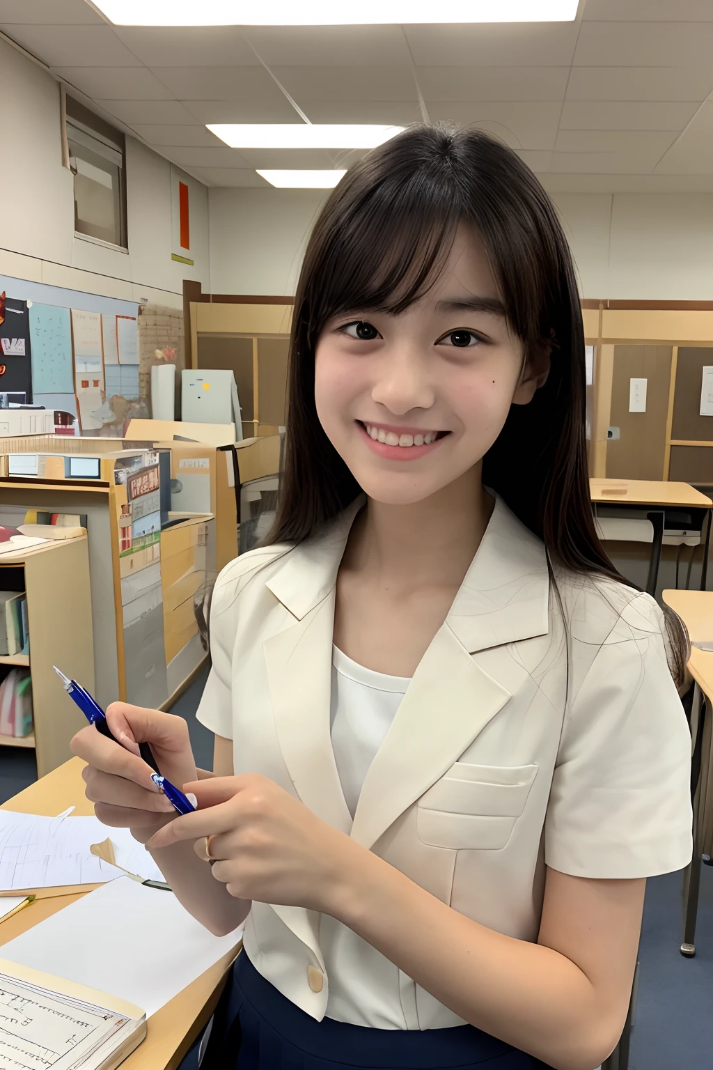 (masterpiece、high-level image quality、foco nítido)、Wearing a white shirt with short sleeves、Blazer Clothing、have a pen、1 notebook、1 book、cute little:1.5、A Japanese Lady、14years、Study at your desk、school classrooms、A smile、(perfect anatomia、Precise and beautiful limbs)、a junior high school student、Bad character、break、mean、