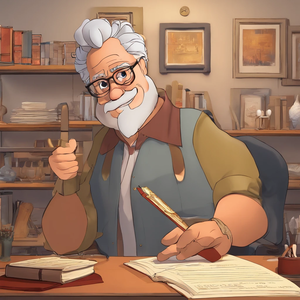 Crie um cartaz inspirado na Disney Pixar com o personagem sendo o pastor Rubens Janier, A gray-haired man wearing glasses, in an office with a Bible on the table