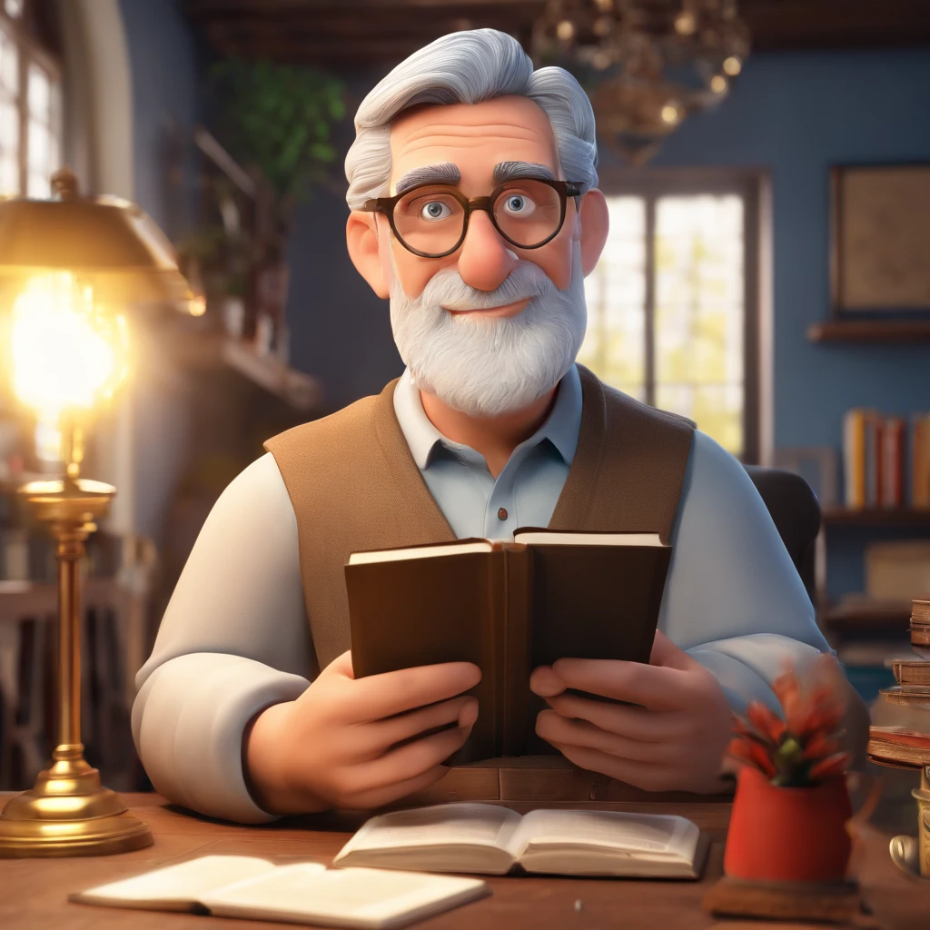 Crie um cartaz inspirado na Disney Pixar com o personagem sendo o pastor Rubens Janier, A gray-haired man wearing glasses, in an office with a Bible on the table