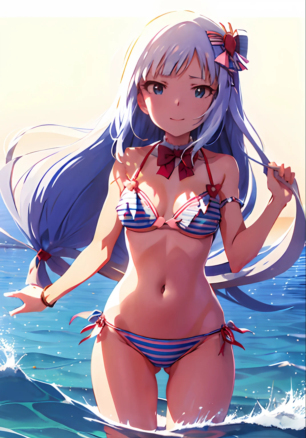 tsumugi shiraishi (million live), very long hair, low-tied long hair, (best quality, 8K, masterpiece, ultra detailed:1.2),hair ribbon,side-tie bikini bottom, front-tie bikini top, striped, day, dappled sunlight, seaside, cowboy shot, standing,cinametic angle,floating hair, wind, light smile, cute, sexy, innocent