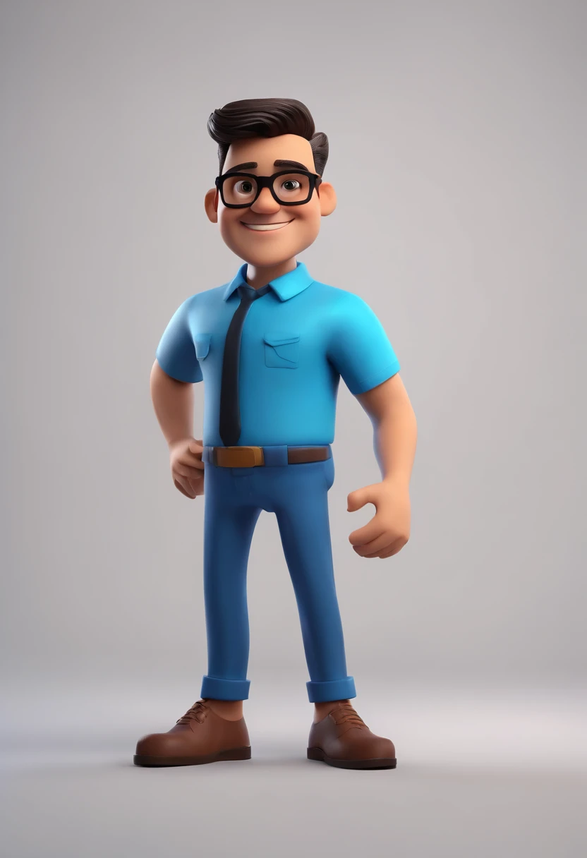 Cartoon character of a man wearing black glasses and a blue shirt, um personagem animado, Caractere estilizado, animation style rendering, 3D estilizado, Arnold Maya render, 3 d render stylized, toon render keyshot, Personagem 3D, Personagem 3D, 3d rendering stylized, 3 d character render, personagem de desenho animado, Personagem de close up, Pose de personagem, (Estilo Pixar) (master part:1.2) (Bokeh) (best quality) (pele detalhada) (textura detalhada) (8k) (argila) (Cinematic lighting) (foco nítido,Senta e vaza a parte superior do corpo