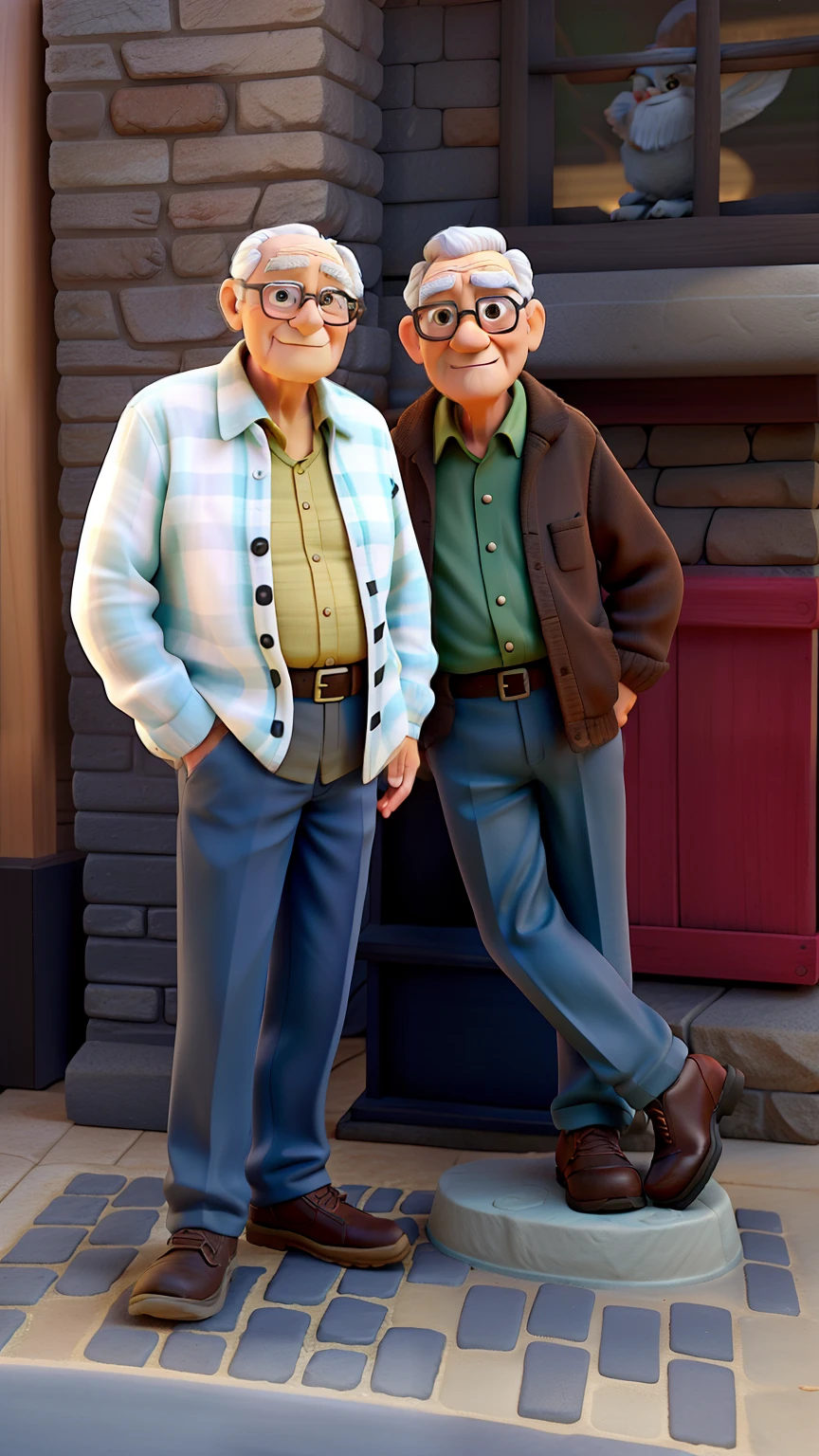 A wise grandpa standing next to a statue , iluminado pela luz do sol no estilo Disney Pixar.