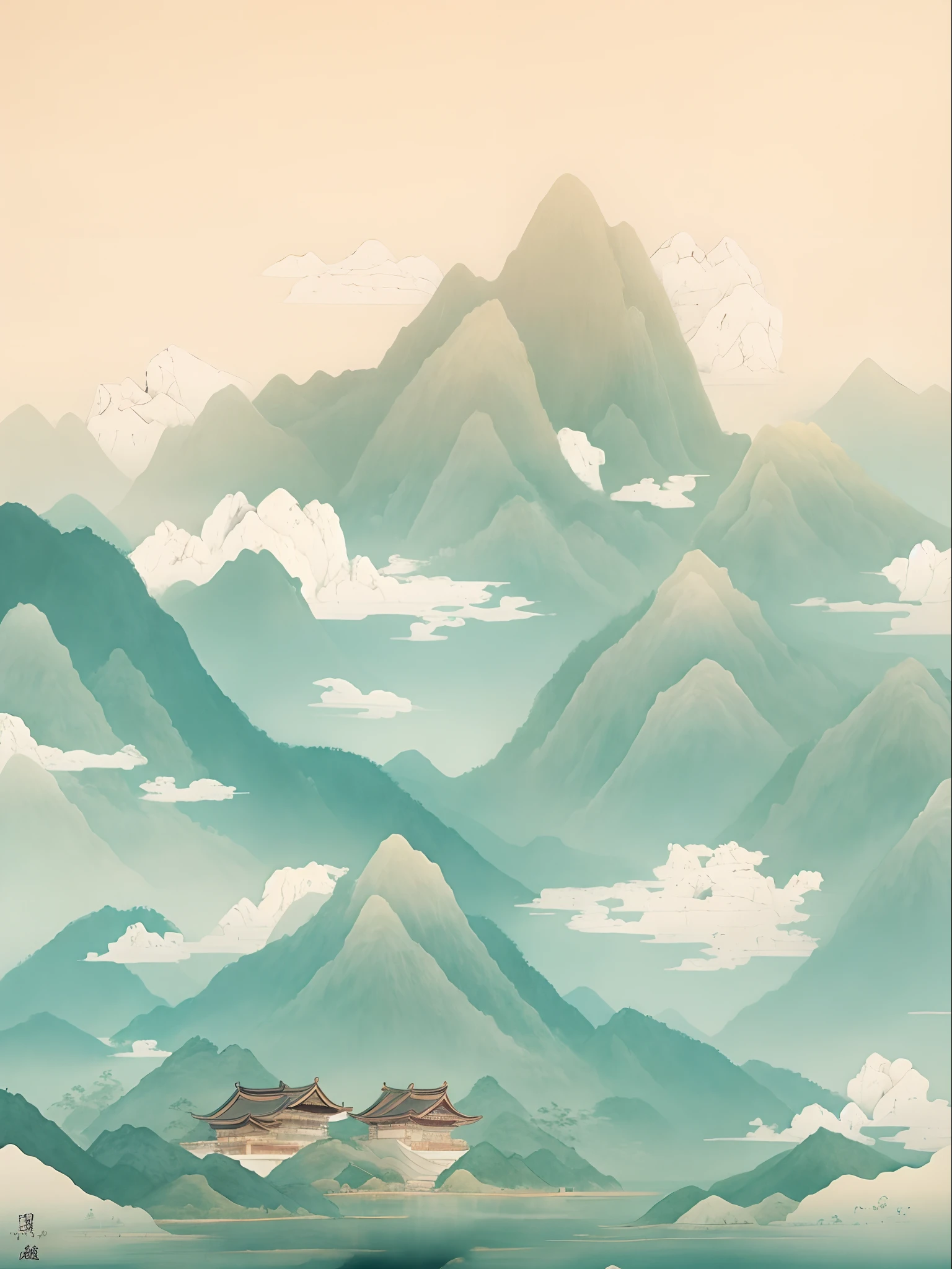 There is a painting of a mountain，There is a house in the middle, detailed scenery —width 672, Chinese painting style, Inspired by Yoshida Hanbei, floating lands in-clouds, Chinese watercolor style, inspired by Shūbun Tenshō, Floating mountains, oriental wallpaper, mountainous background, inspired by Kanō Motonobu