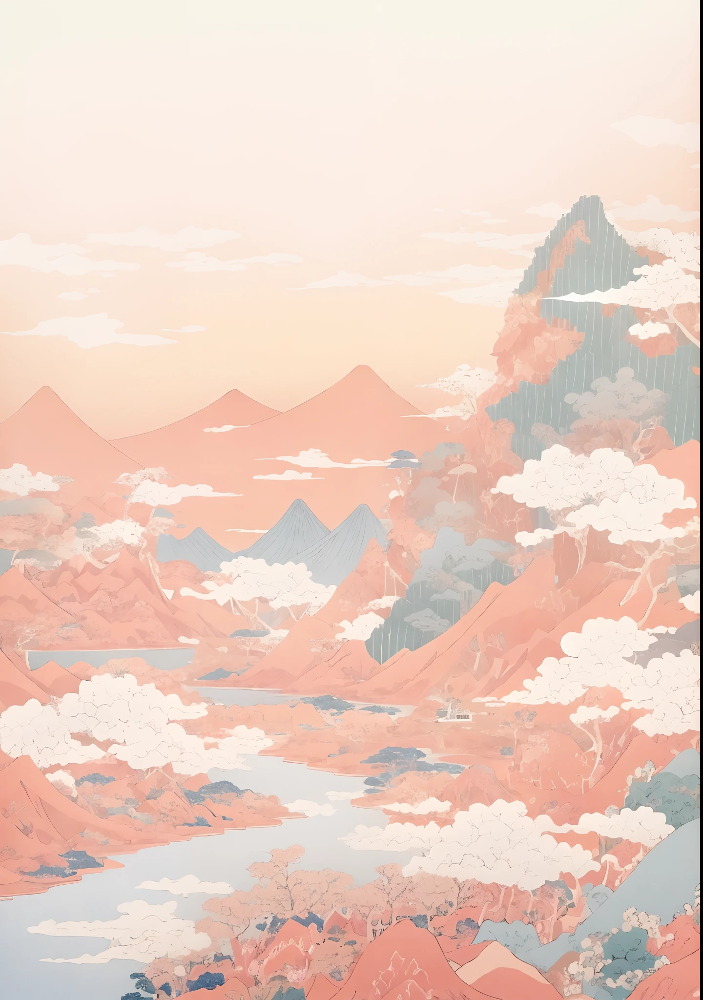 There is a painting of a mountain,There is a lake in the middle, floating lands in-clouds, in the art style of ukiyo - e, Anime landscape, inspired by Yoshio Markino, dreamlike illustration, inspired by Tosa Mitsuoki, mythical floral hills, a surreal dream landscape, katsushika hokusai style, pink landscape, dreamy psychedelic anime